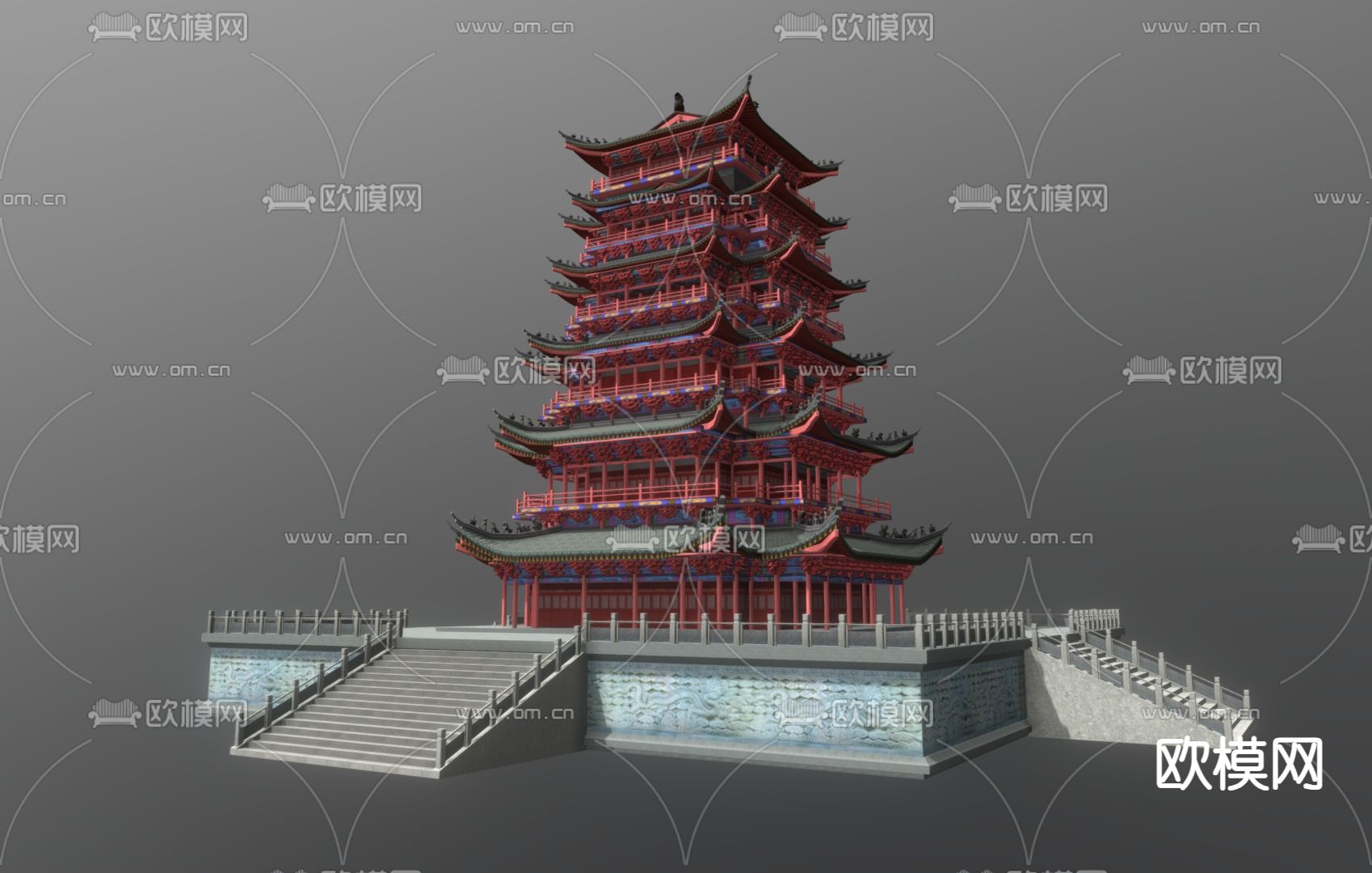 中式亭台 楼阁建筑su模型下载（渲染图2）