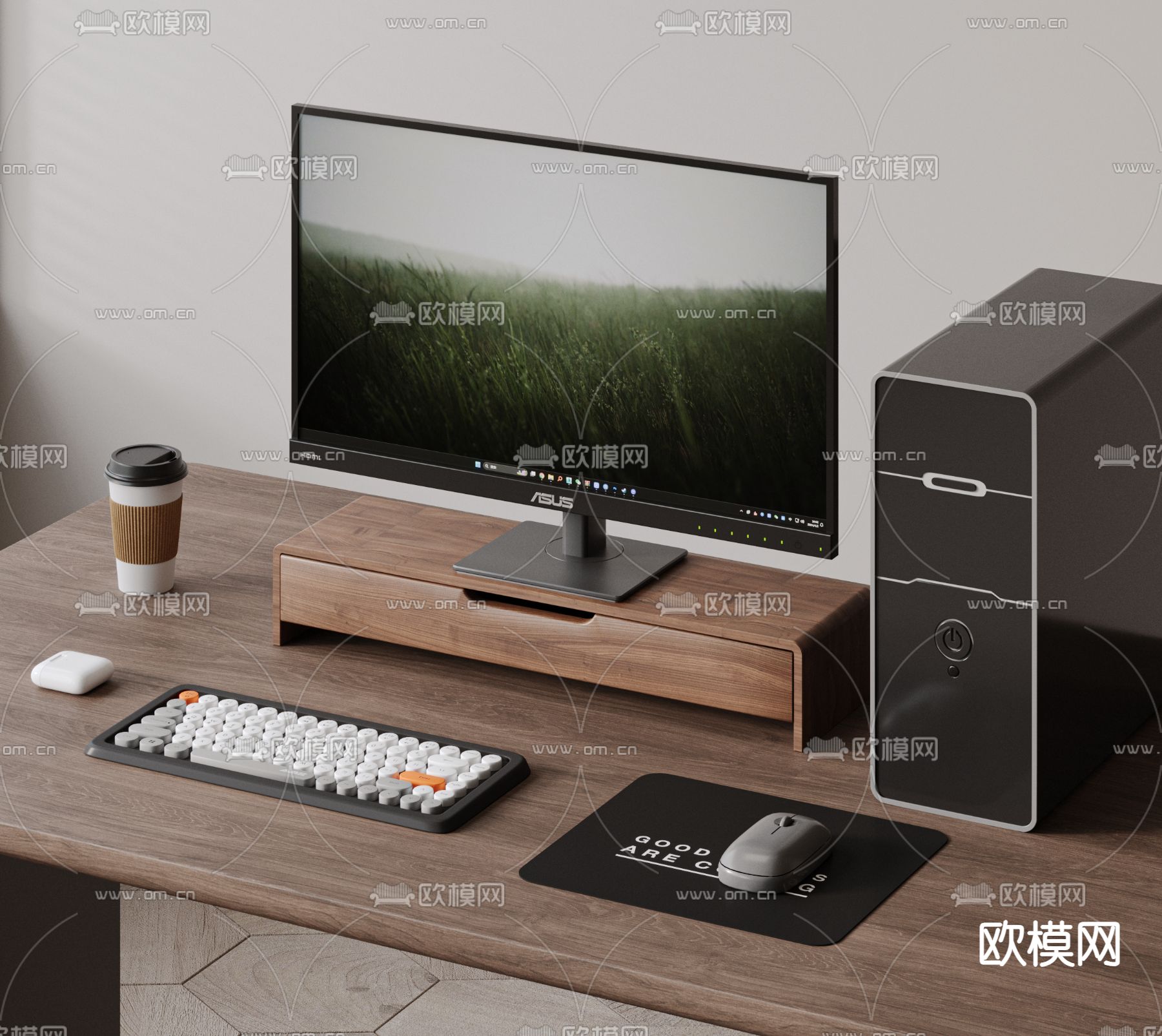 华硕电脑 显示器 主机 键盘 鼠标 办公用品su模型下载（渲染图2）