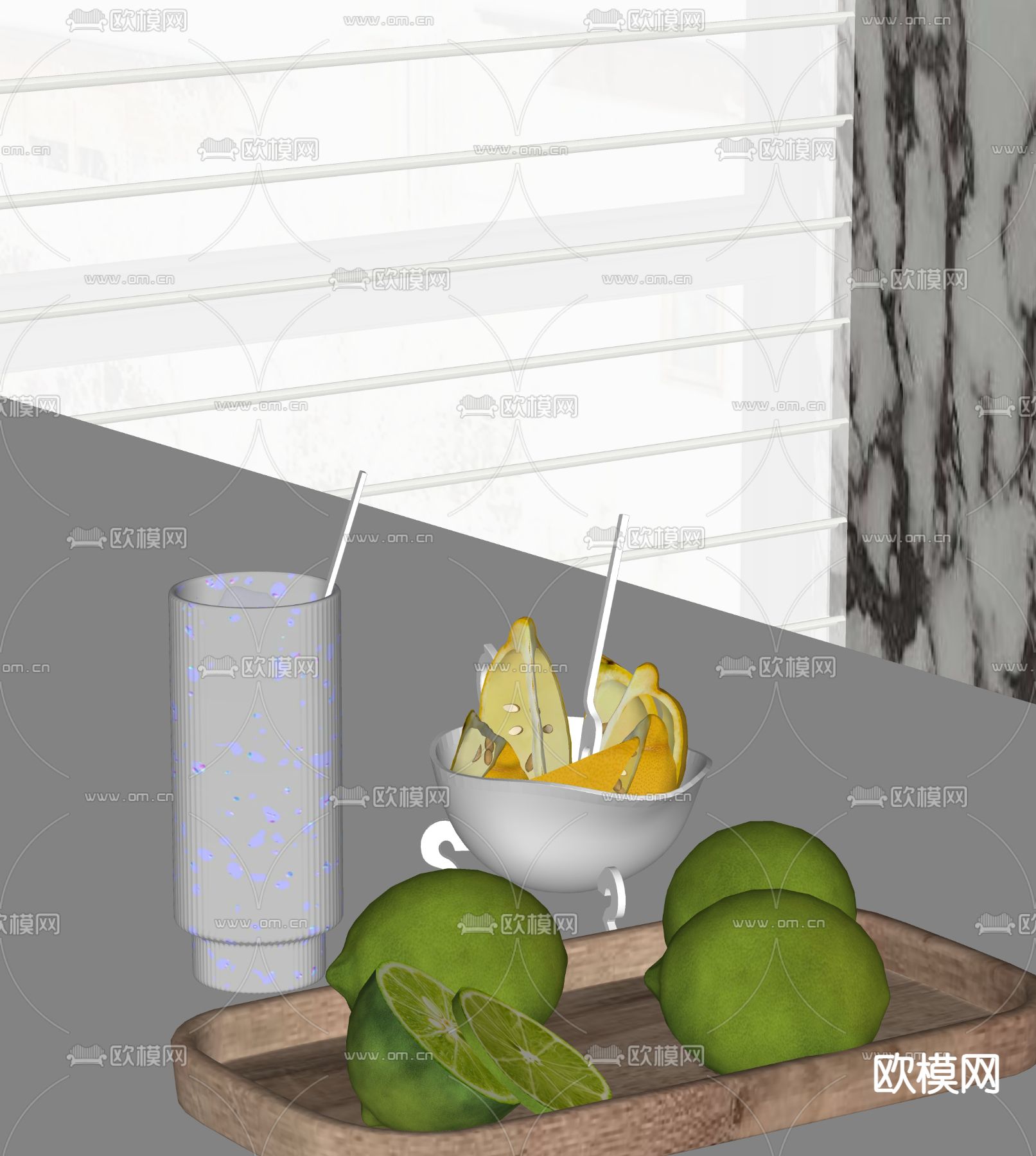 水果 托盘 柠檬 水杯su模型下载（渲染图2）