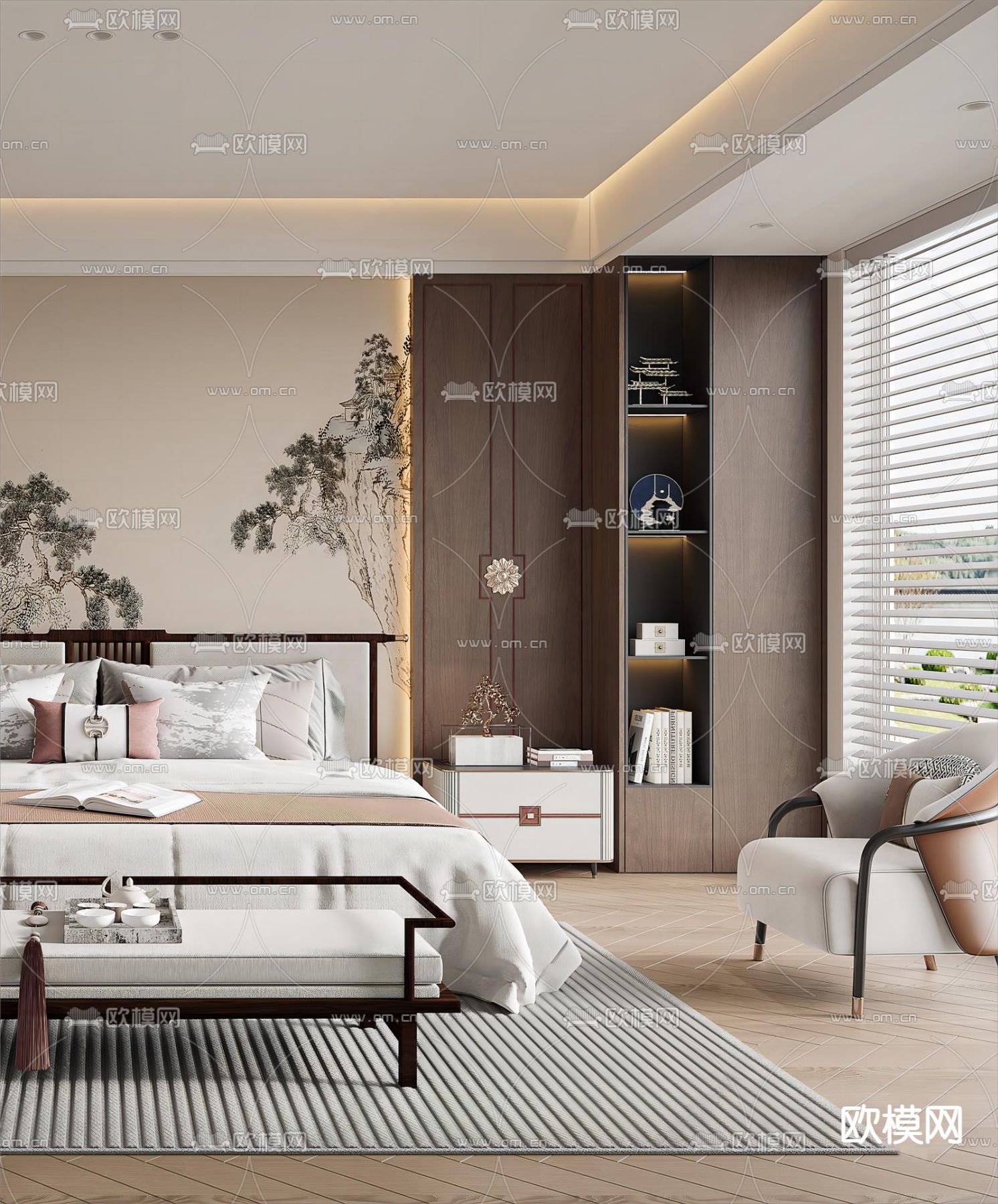 新中式卧室 主卧 宋式风卧室3d模型下载（渲染图3）