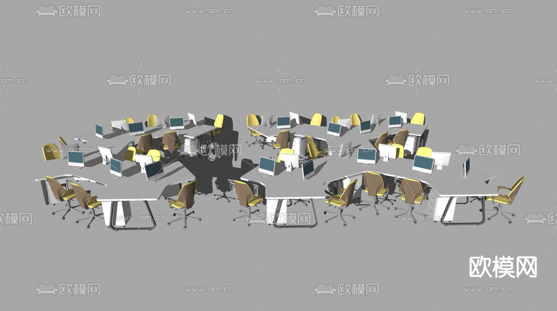 异形职员桌 办公桌椅su模型下载（渲染图2）