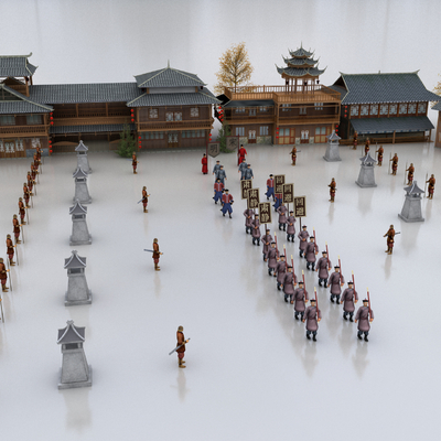  古代城墙 官员 士兵 衙役 古建su模型 