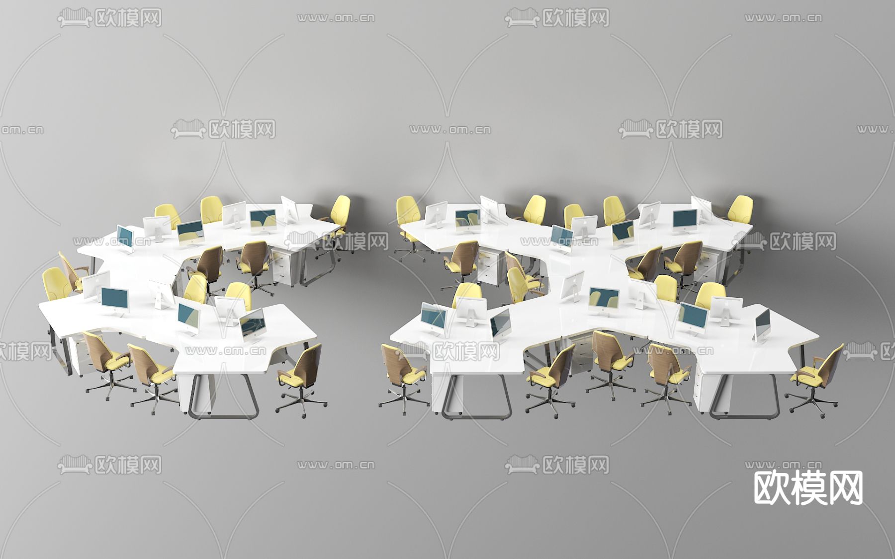 异形职员桌 办公桌椅su模型下载（渲染图1）