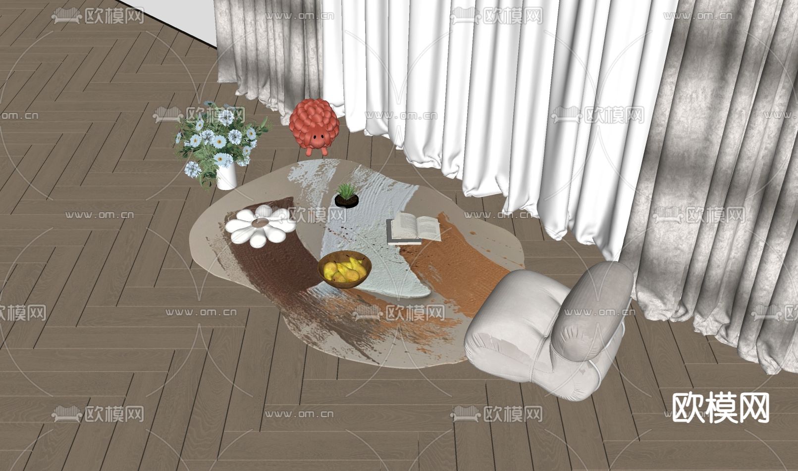 奶油风地毯su模型下载（渲染图1）