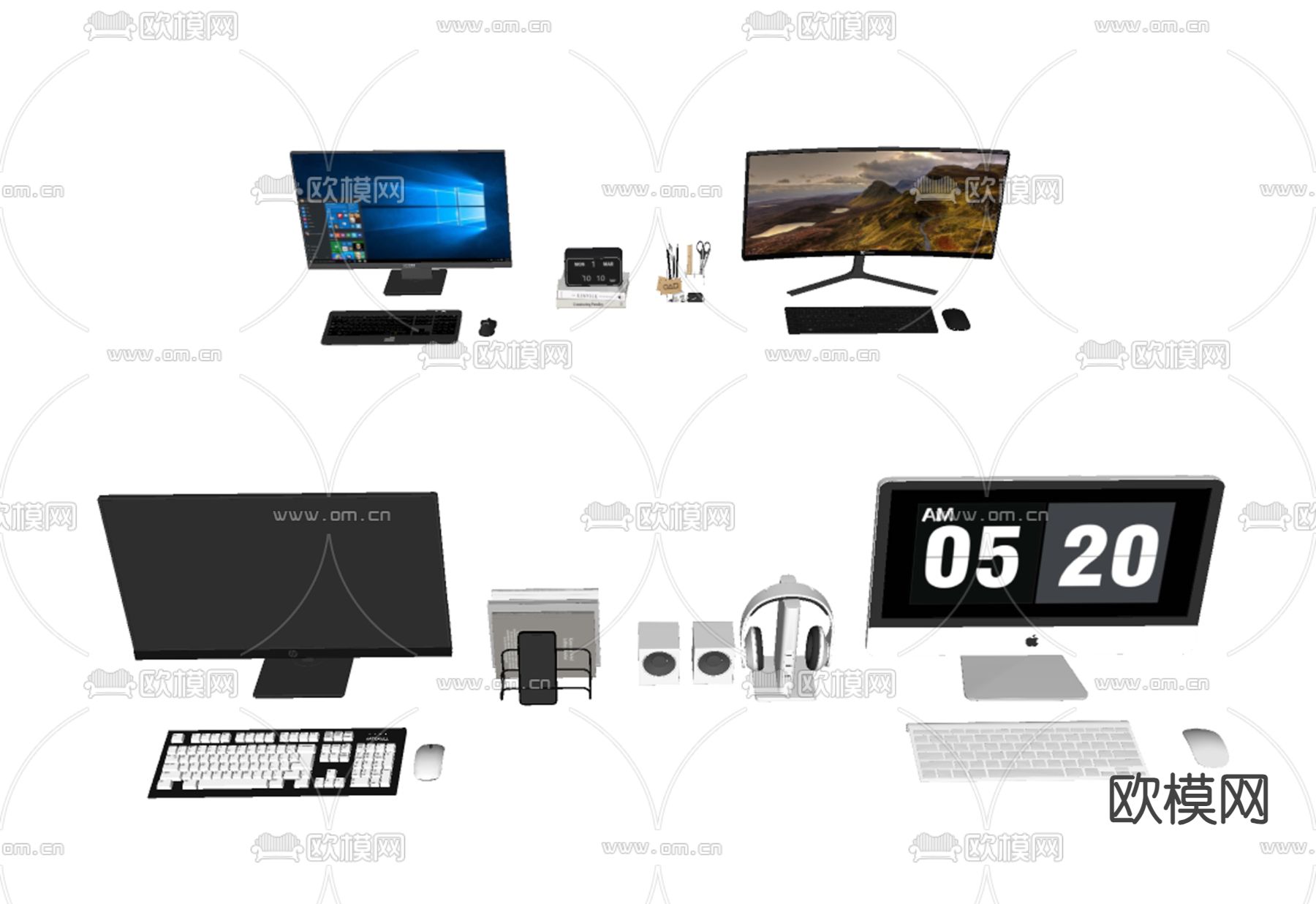 台式电脑 键盘鼠标 耳机 书架 笔筒 电子表su模型下载（渲染图1）