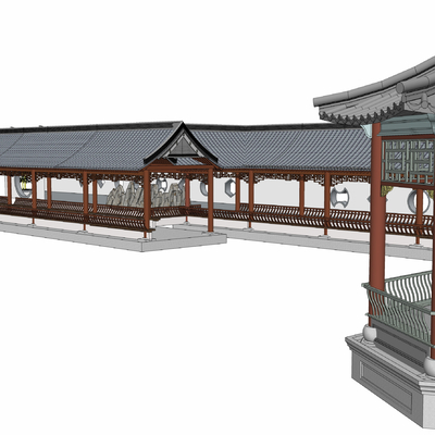  连廊 回廊 古亭 古建筑 攒尖顶 琉璃顶su模型 