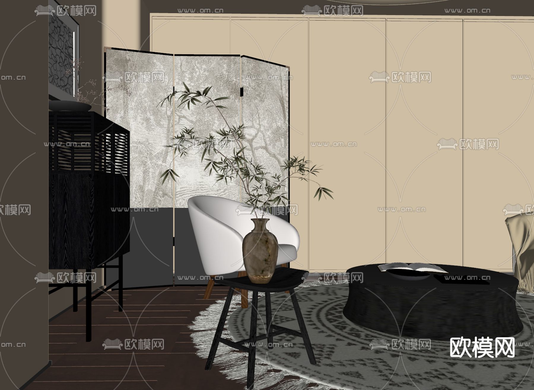 中古风休闲椅su模型下载（渲染图1）