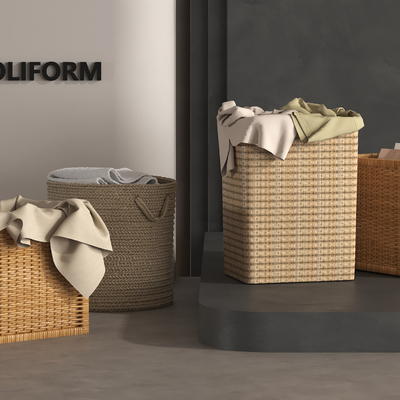  毛巾架 藤编脏衣篓 收纳筐 竹筐su模型 