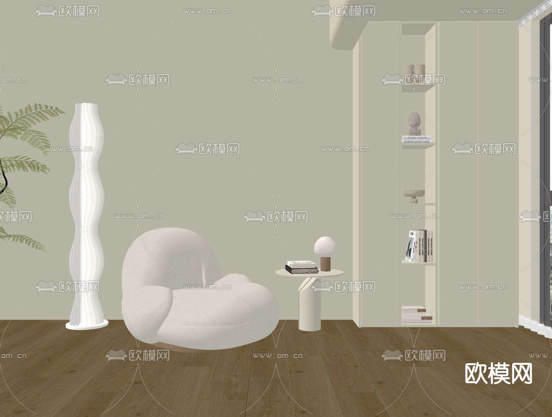 奶油风休闲沙发su模型下载（渲染图2）