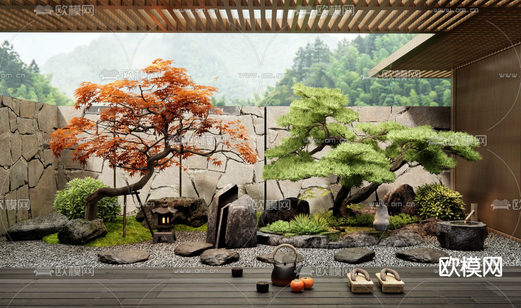 日式枯山水 庭院景观su模型下载（渲染图2）