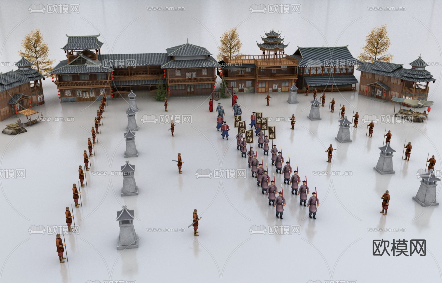 古代城墙 官员 士兵 衙役 古建su模型下载（渲染图2）