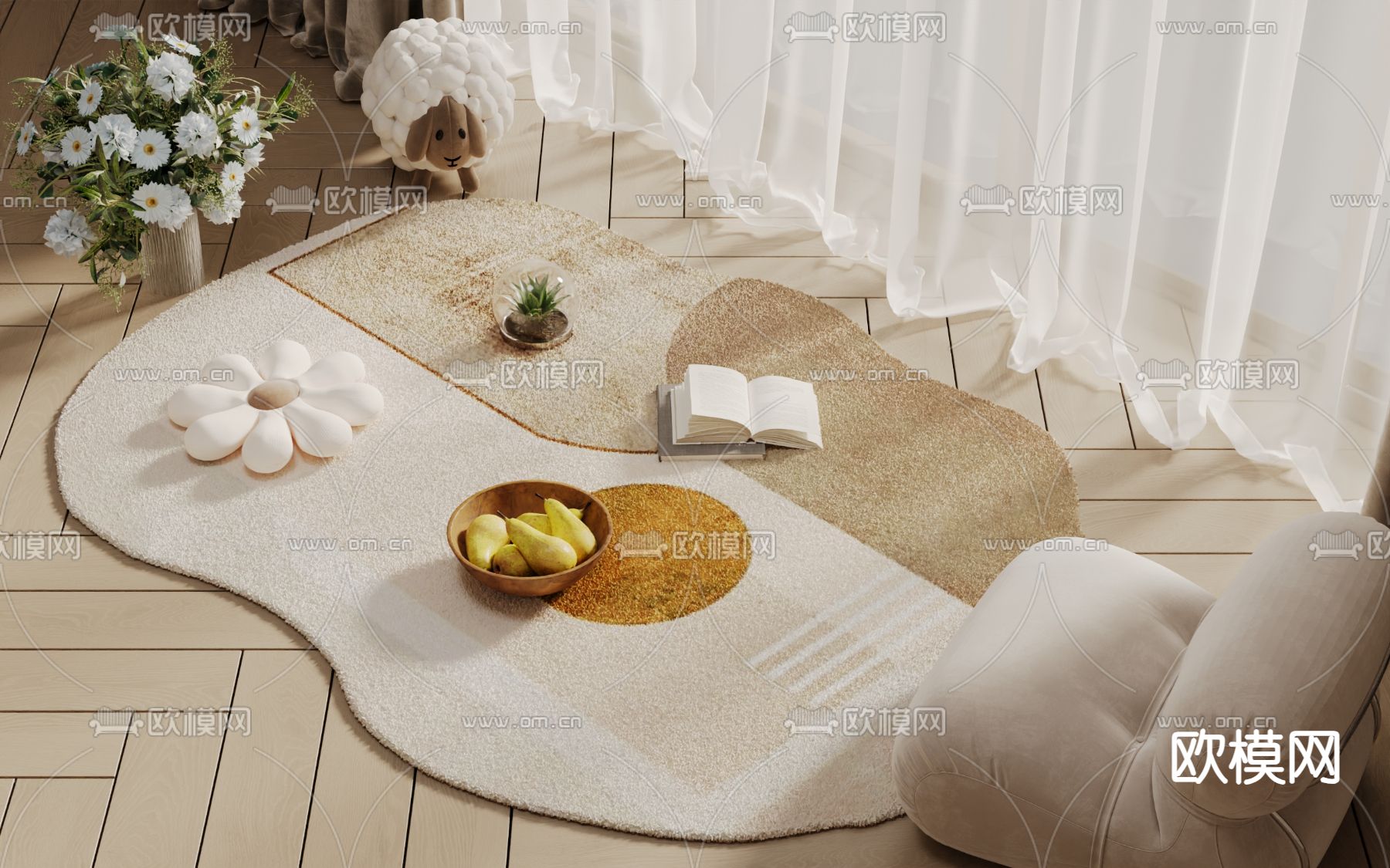 奶油风地毯su模型下载（渲染图2）