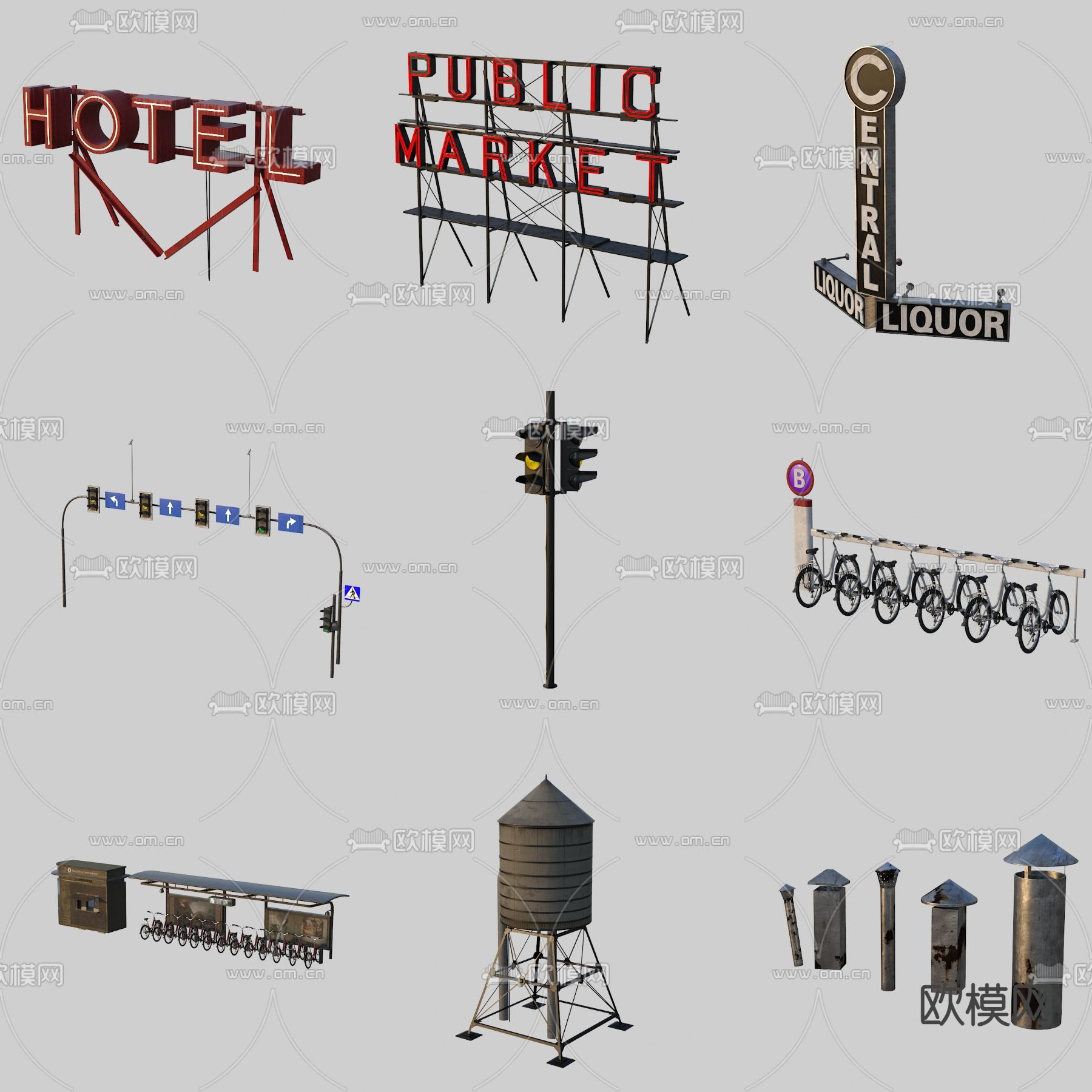 市政设施小品 广告牌 红绿灯3d模型下载