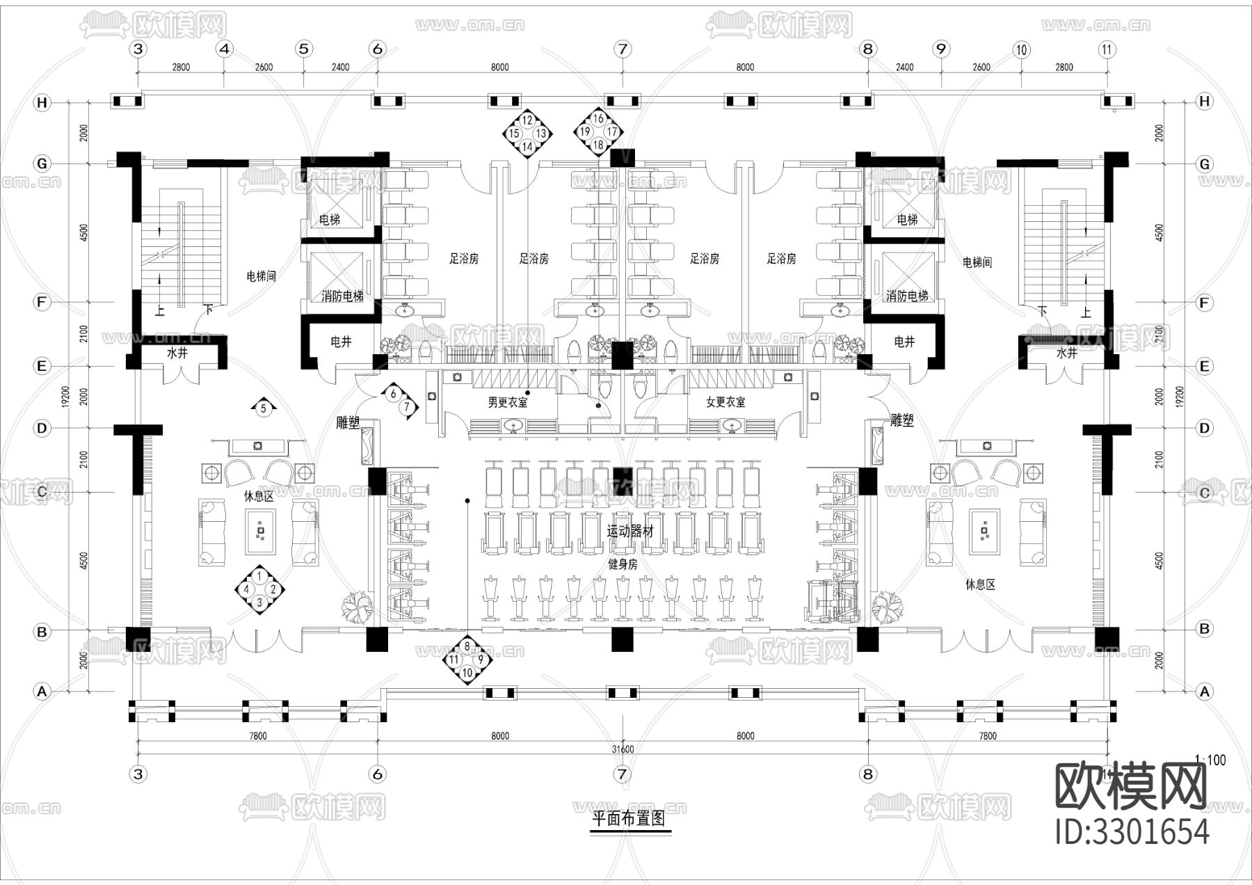 650㎡健身房 健身中心cad施工图下载（渲染图1）