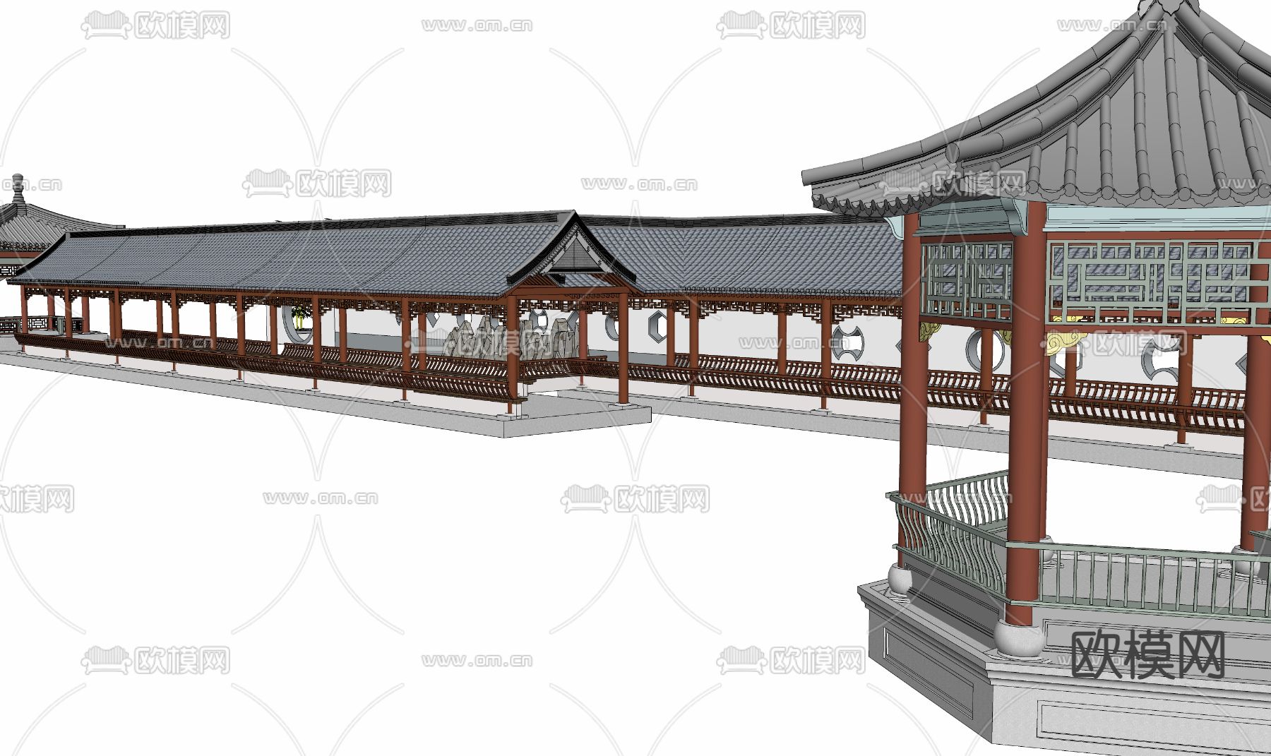 连廊 回廊 古亭 古建筑 攒尖顶 琉璃顶su模型下载