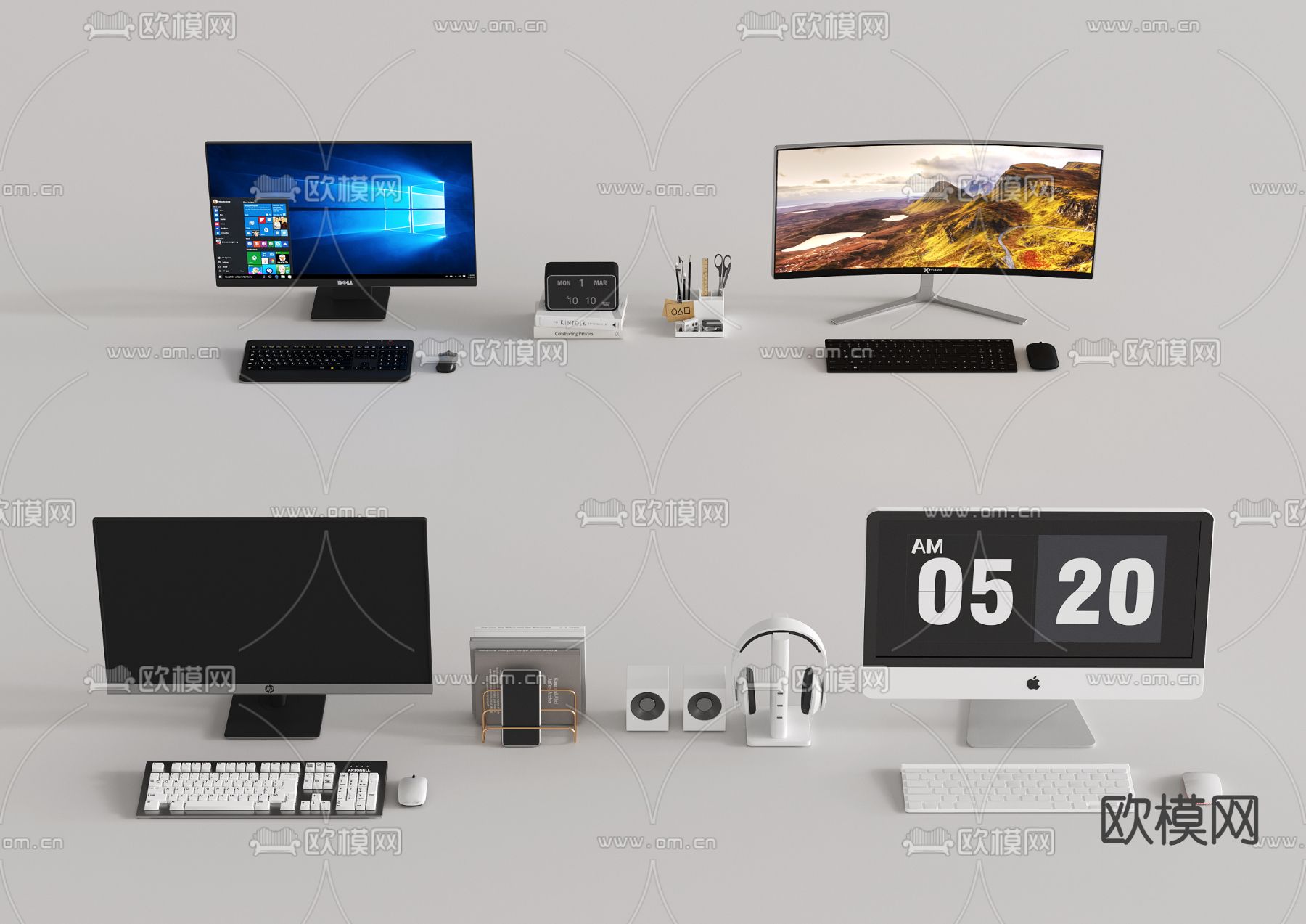 台式电脑 键盘鼠标 耳机 书架 笔筒 电子表su模型下载（渲染图2）