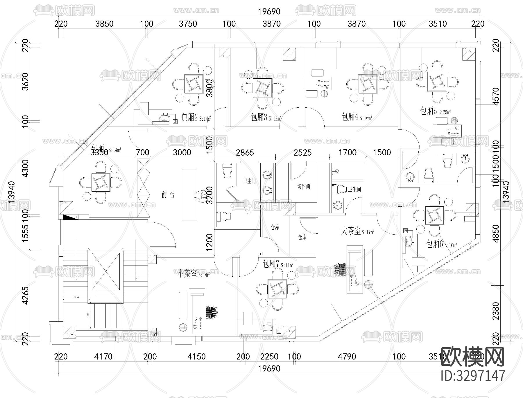 10套棋牌室cad平面图下载（渲染图7）