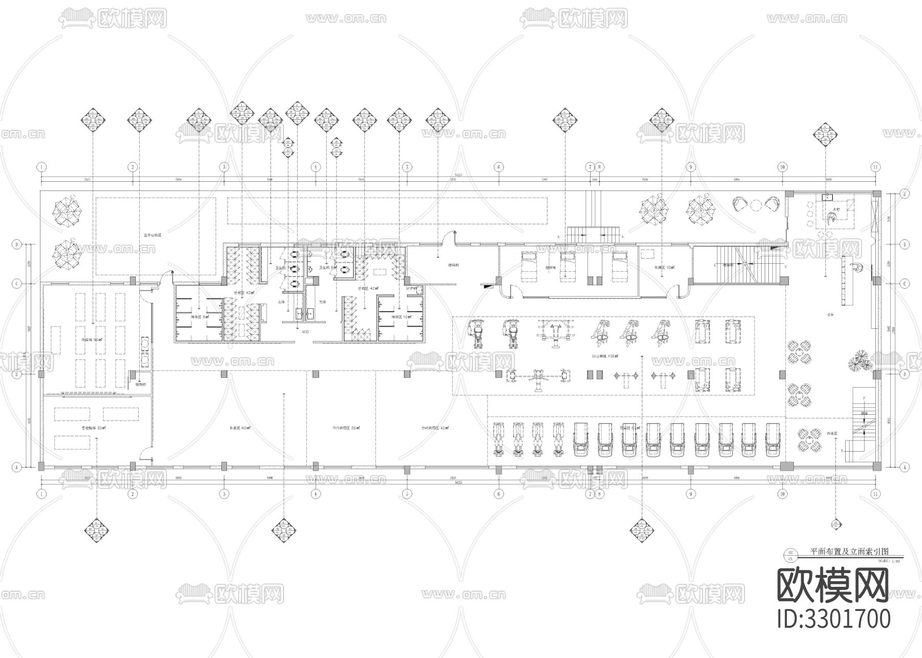 1120㎡健身房 健身中心cad施工图下载（渲染图1）