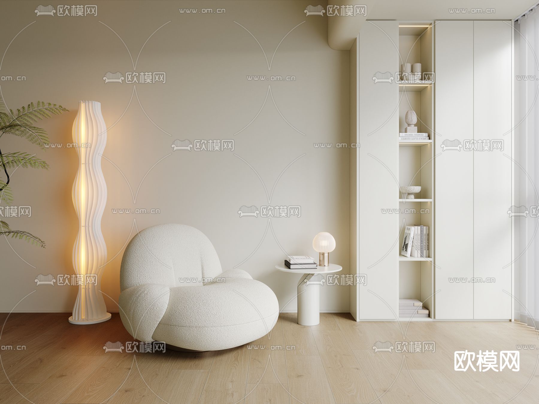 奶油风休闲沙发su模型下载（渲染图1）