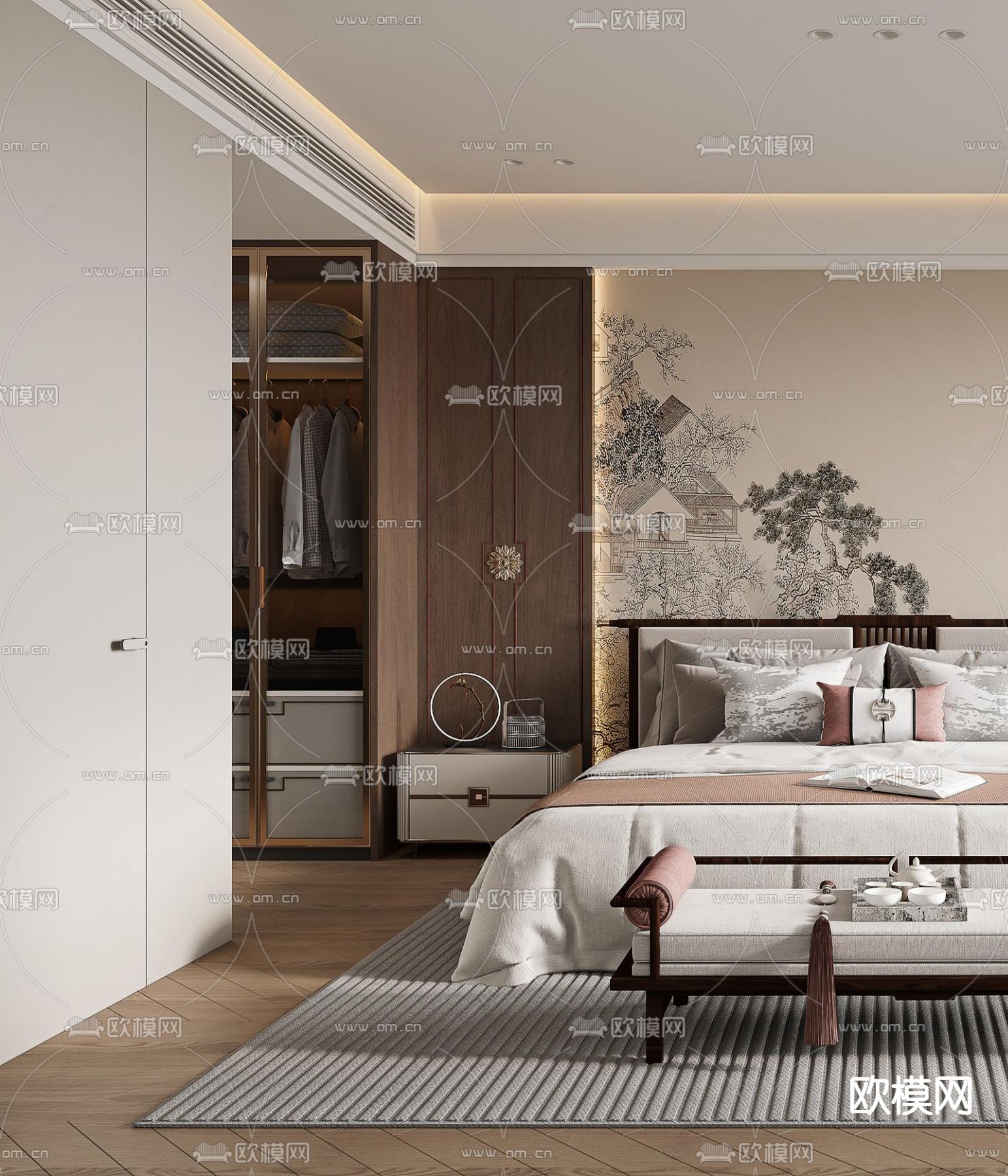 新中式卧室 主卧 宋式风卧室3d模型下载（渲染图2）