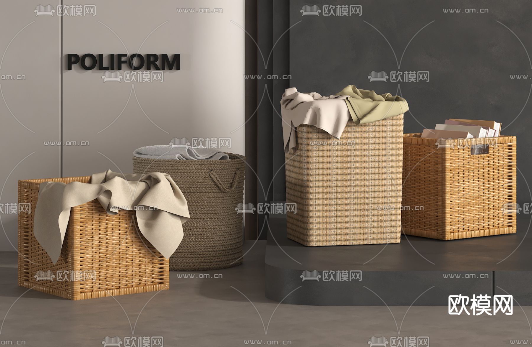 毛巾架 藤编脏衣篓 收纳筐 竹筐su模型下载（渲染图1）