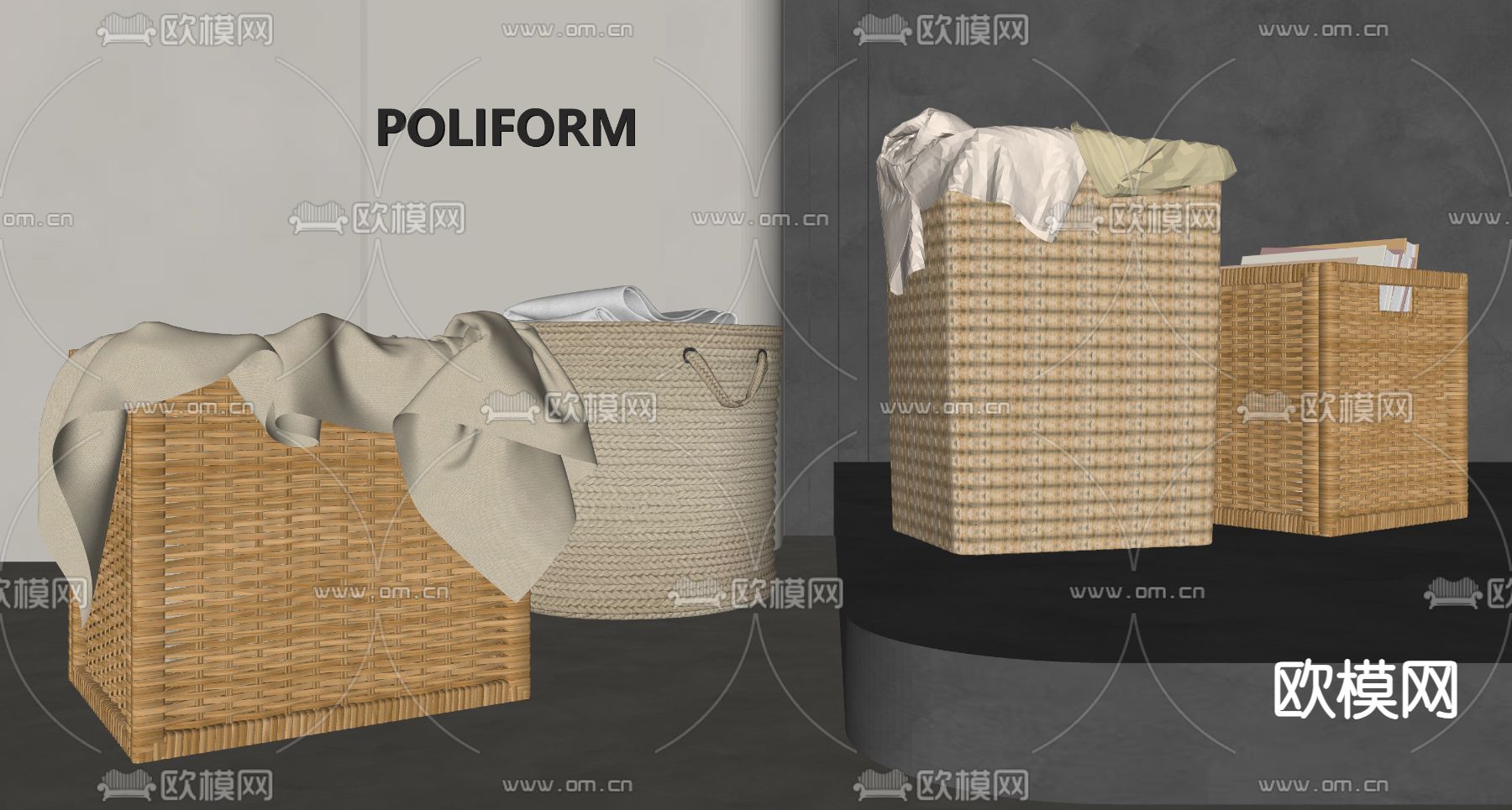 毛巾架 藤编脏衣篓 收纳筐 竹筐su模型下载（渲染图2）
