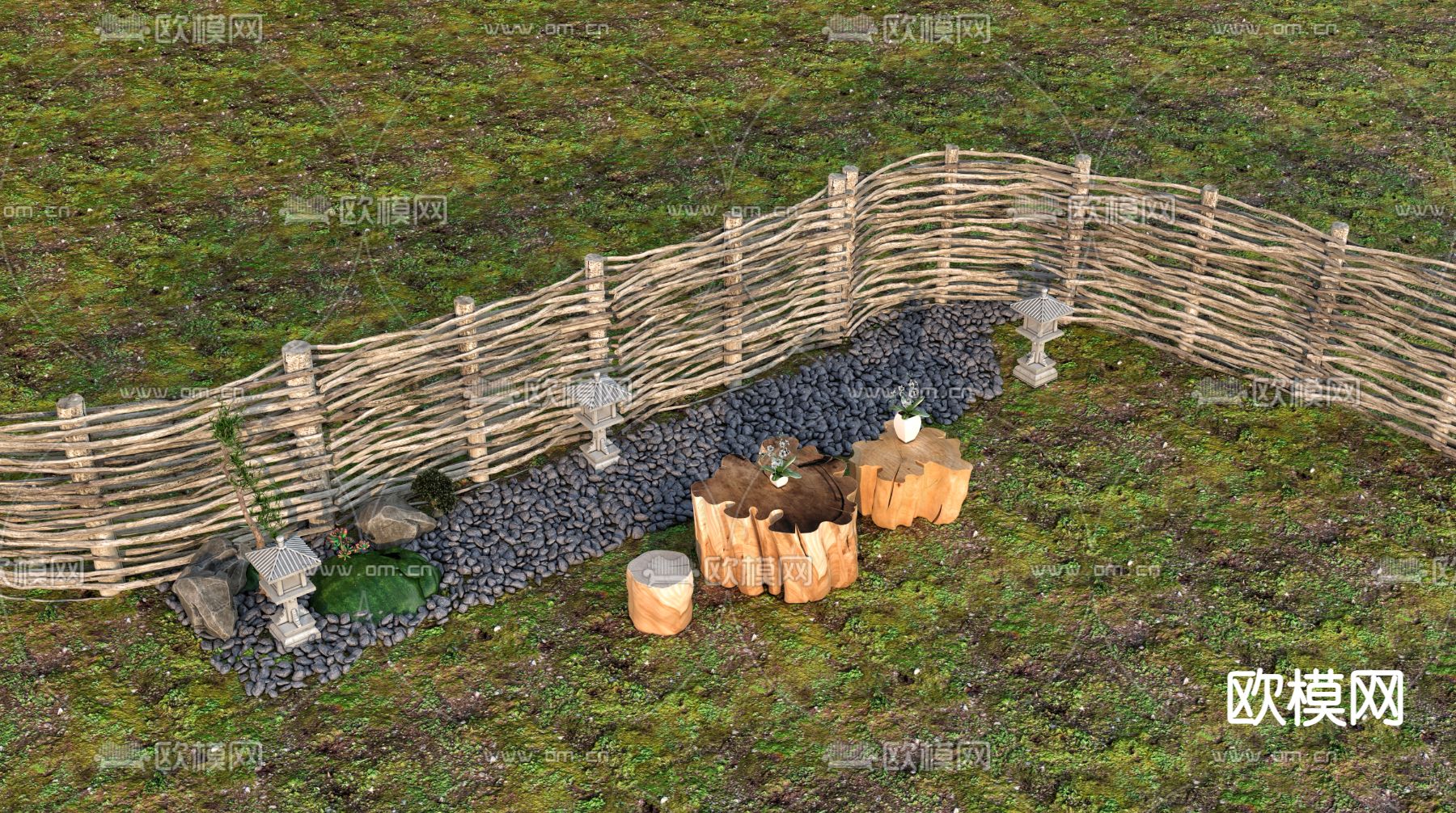 围墙 围栏 木头桌3d模型下载