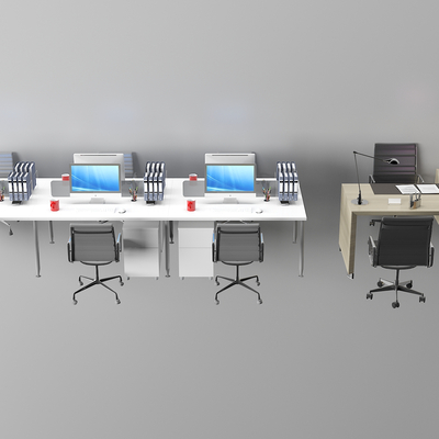  卡位办公桌椅 职员桌 班台桌su模型 