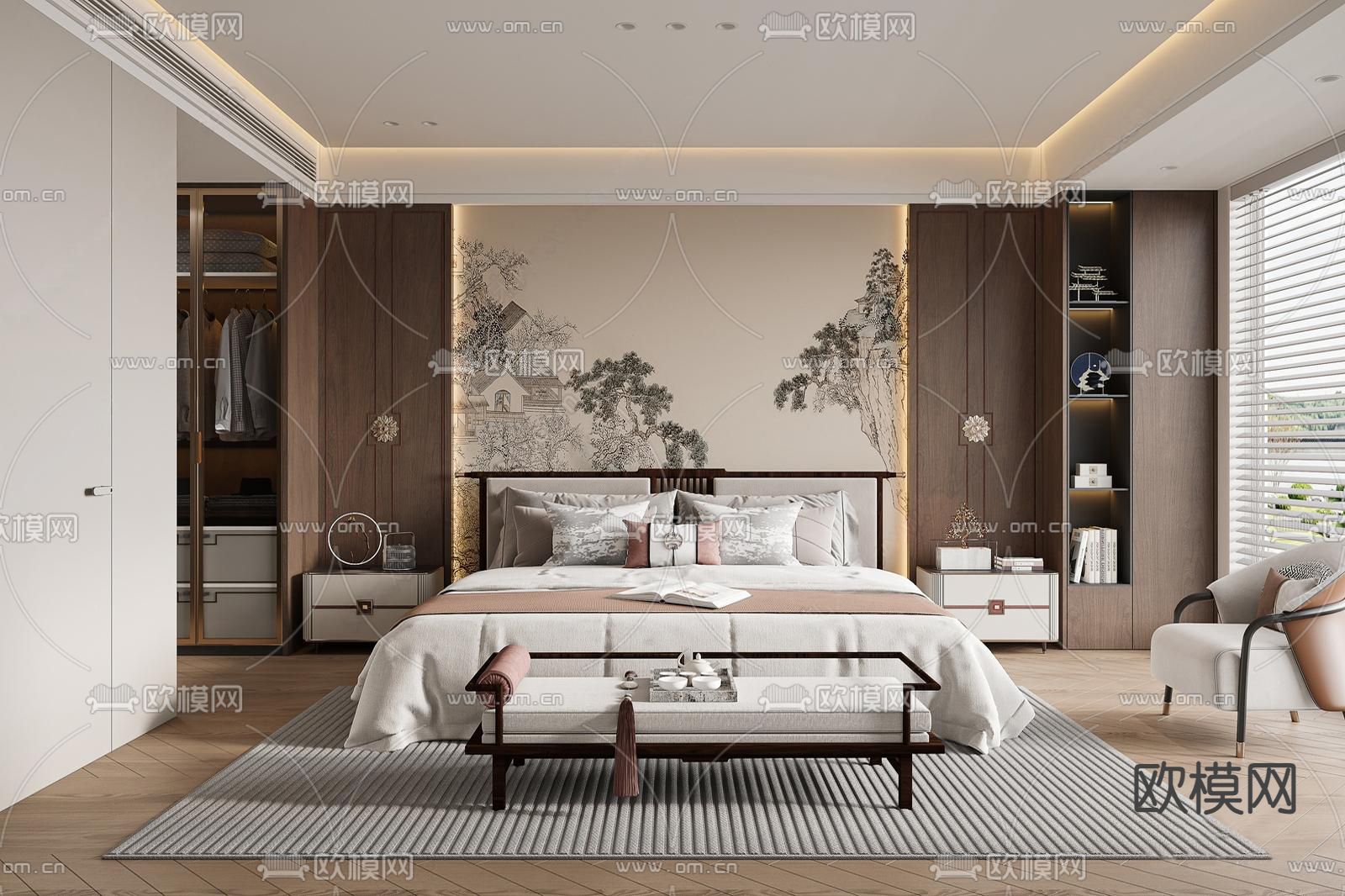 新中式卧室 主卧 宋式风卧室3d模型下载（渲染图1）