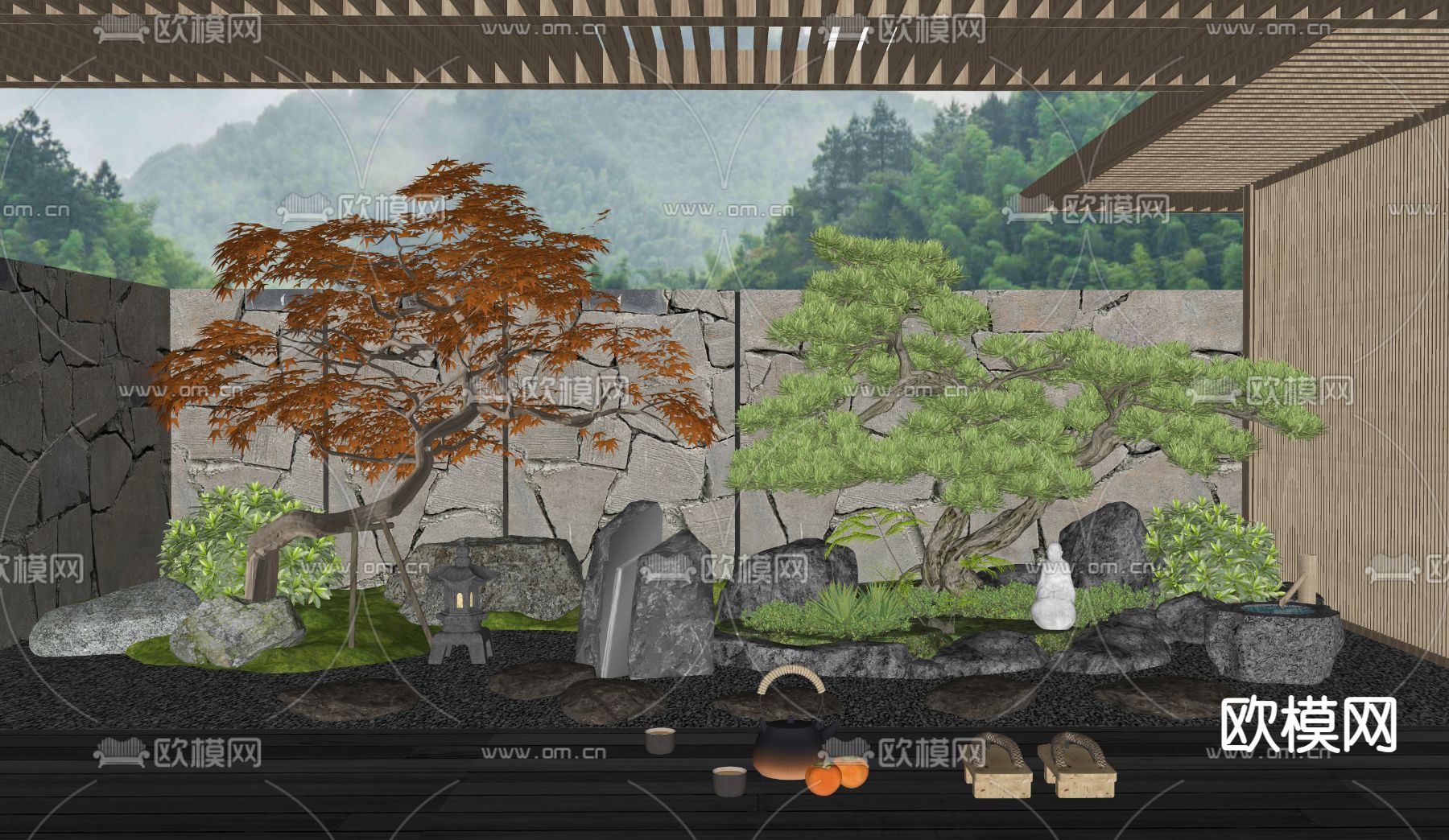 日式枯山水 庭院景观su模型下载（渲染图1）