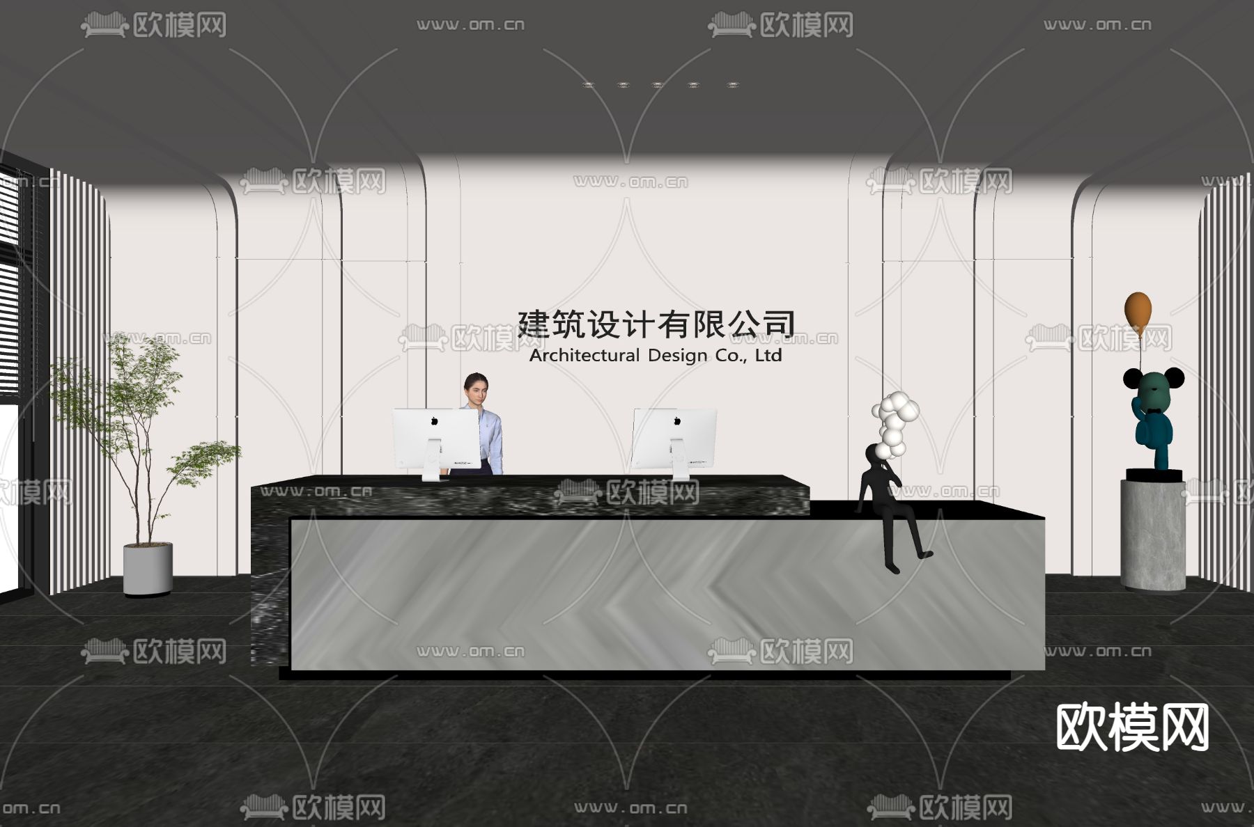 公司前台 接待台su模型下载（渲染图2）