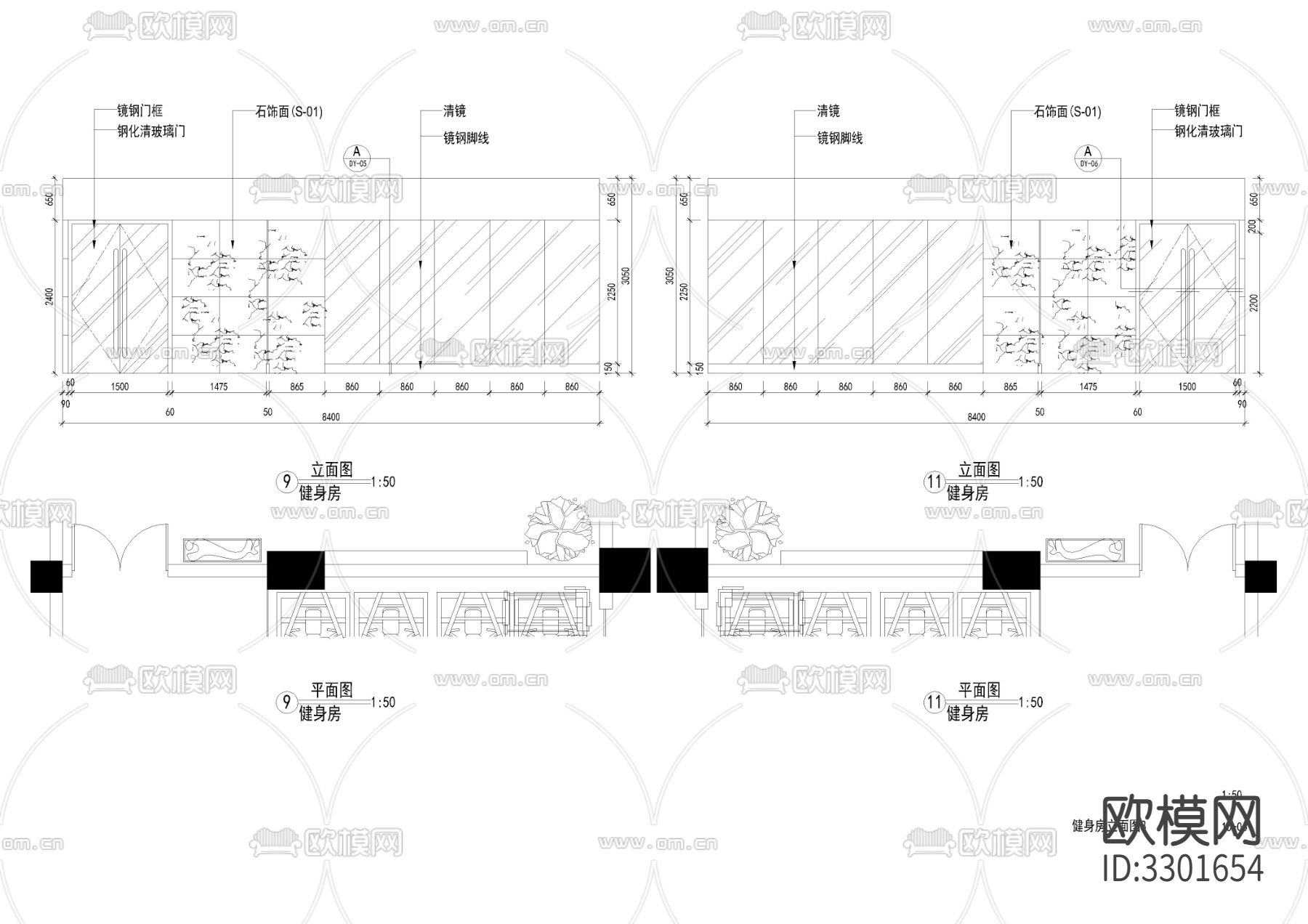 650㎡健身房 健身中心cad施工图下载（渲染图5）