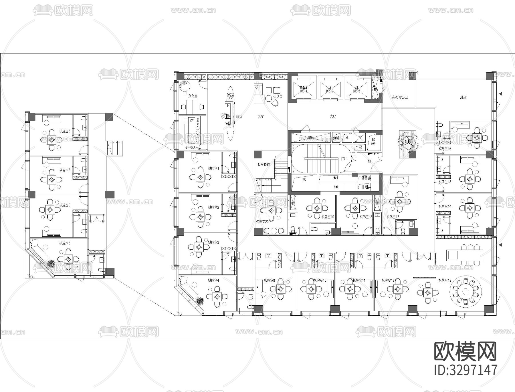 10套棋牌室cad平面图下载（渲染图9）