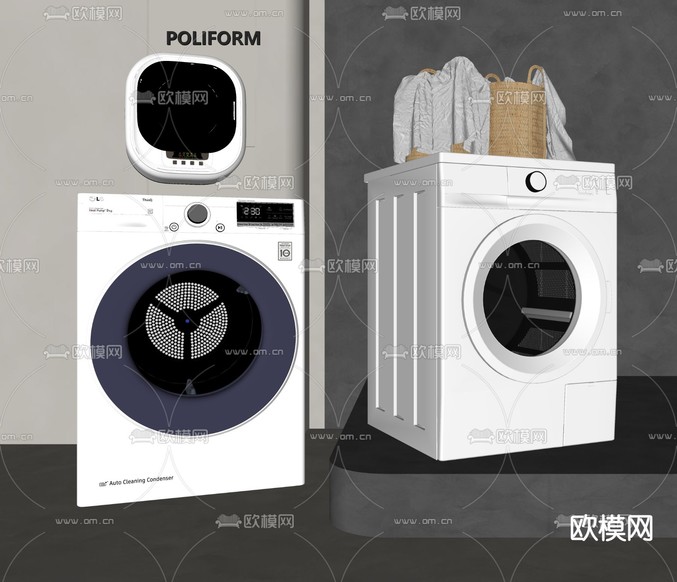 烘干机 洗衣机 脏衣篮su模型下载(渲染图2)