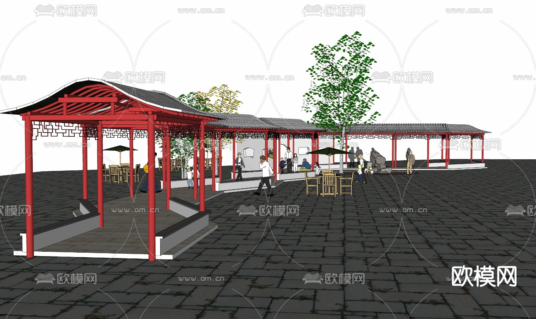 连廊 回廊 古亭 古建筑 攒尖顶 琉璃顶su模型下载