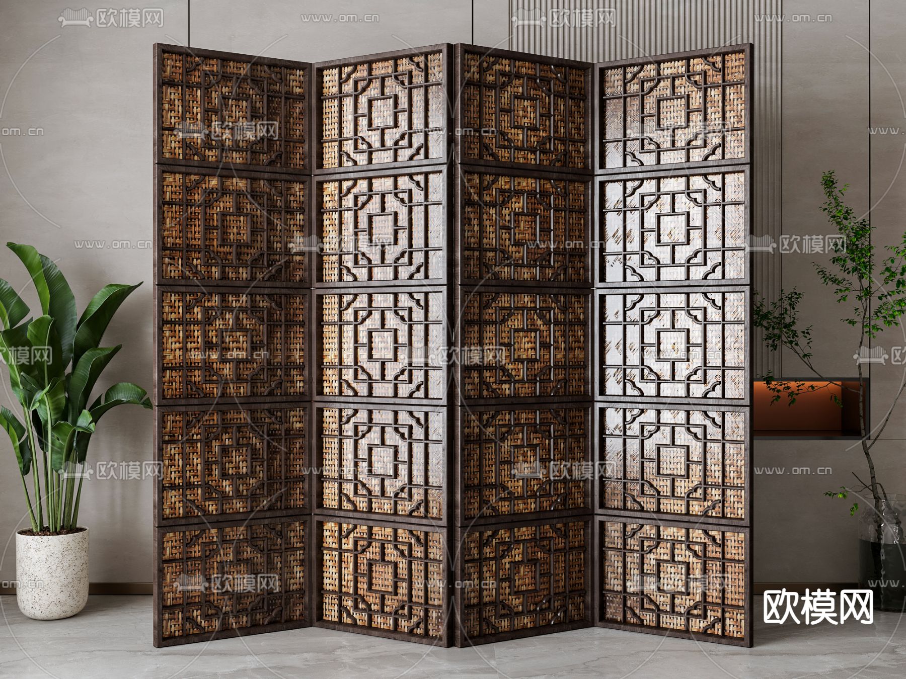新中式折叠屏风3d模型下载