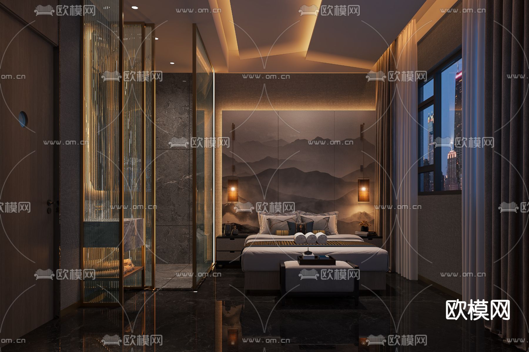 新中式酒店客房3d模型下载