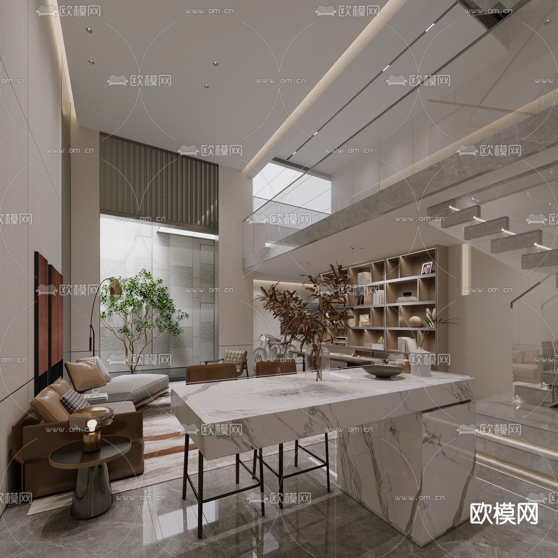 别墅客厅 别墅中空3d模型下载（渲染图2）