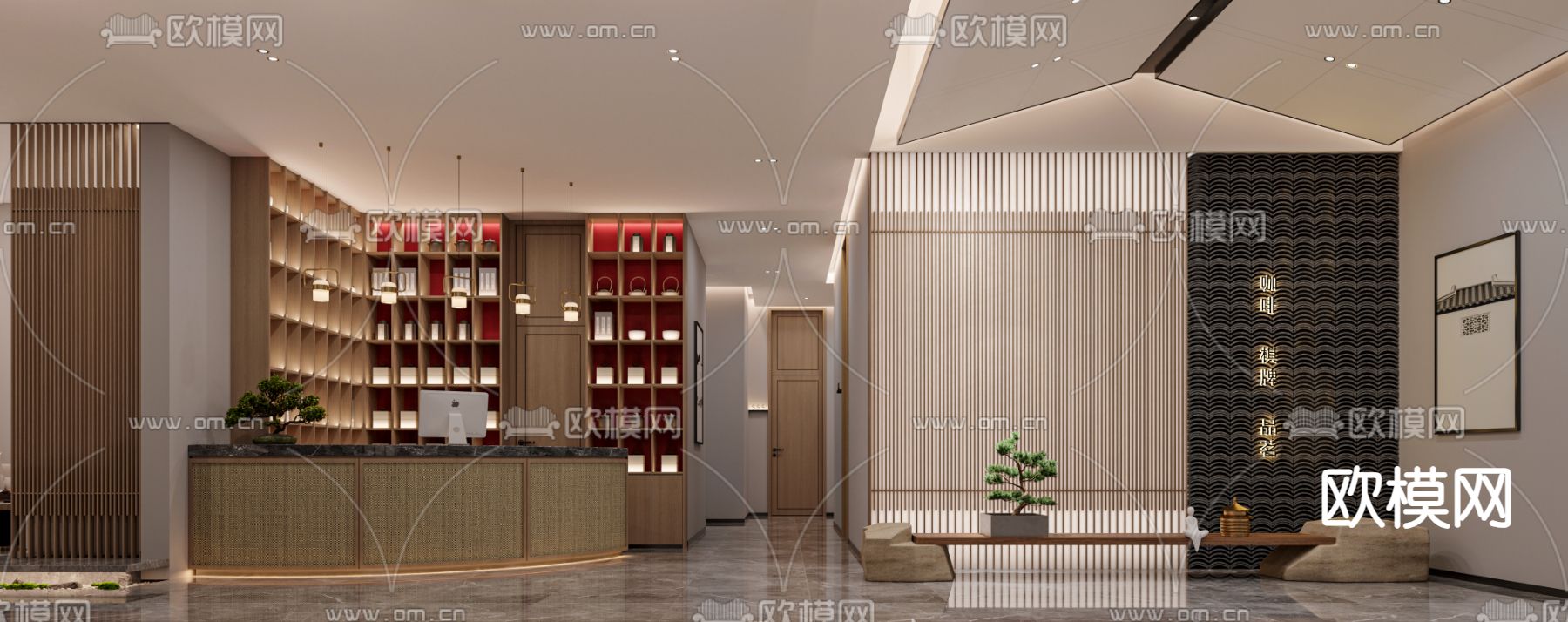 新中式茶馆 茶楼大厅3d模型下载（渲染图1）