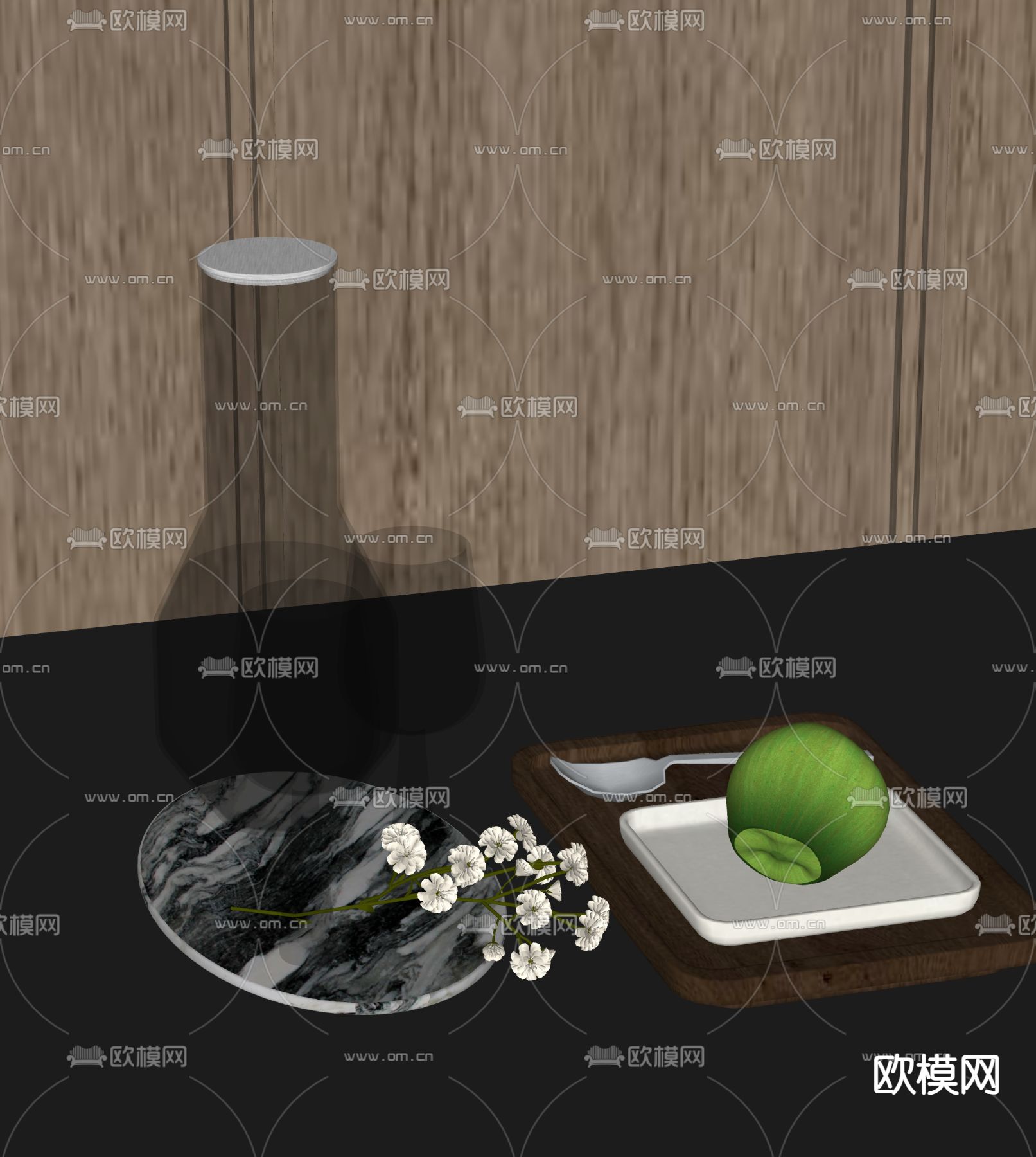 水杯 水瓶 酒杯 托盘 水果su模型下载（渲染图1）