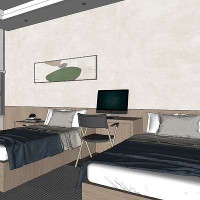  现代酒店 标间su模型 