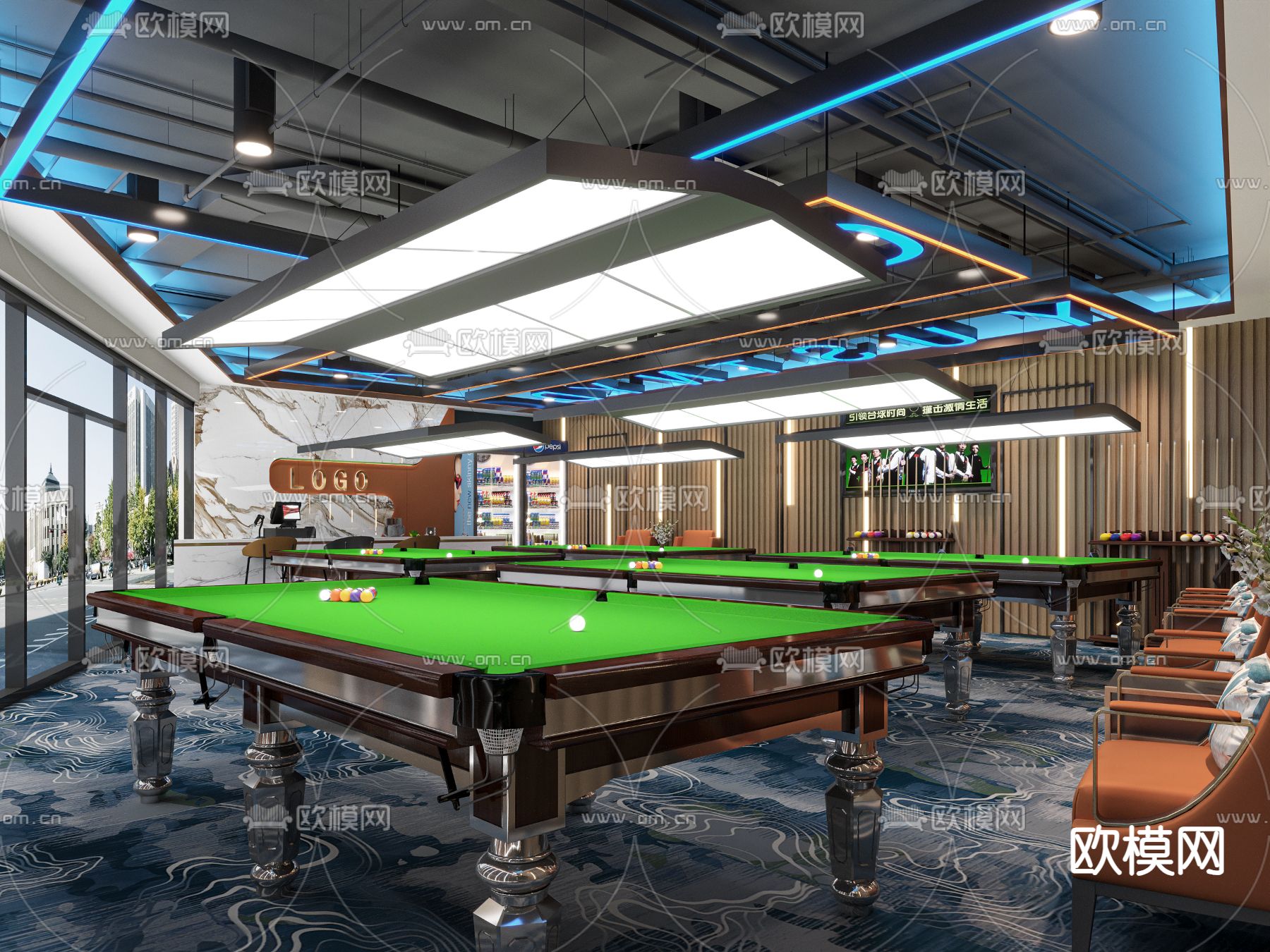 工业风台球室 台球厅3d模型下载（渲染图3）