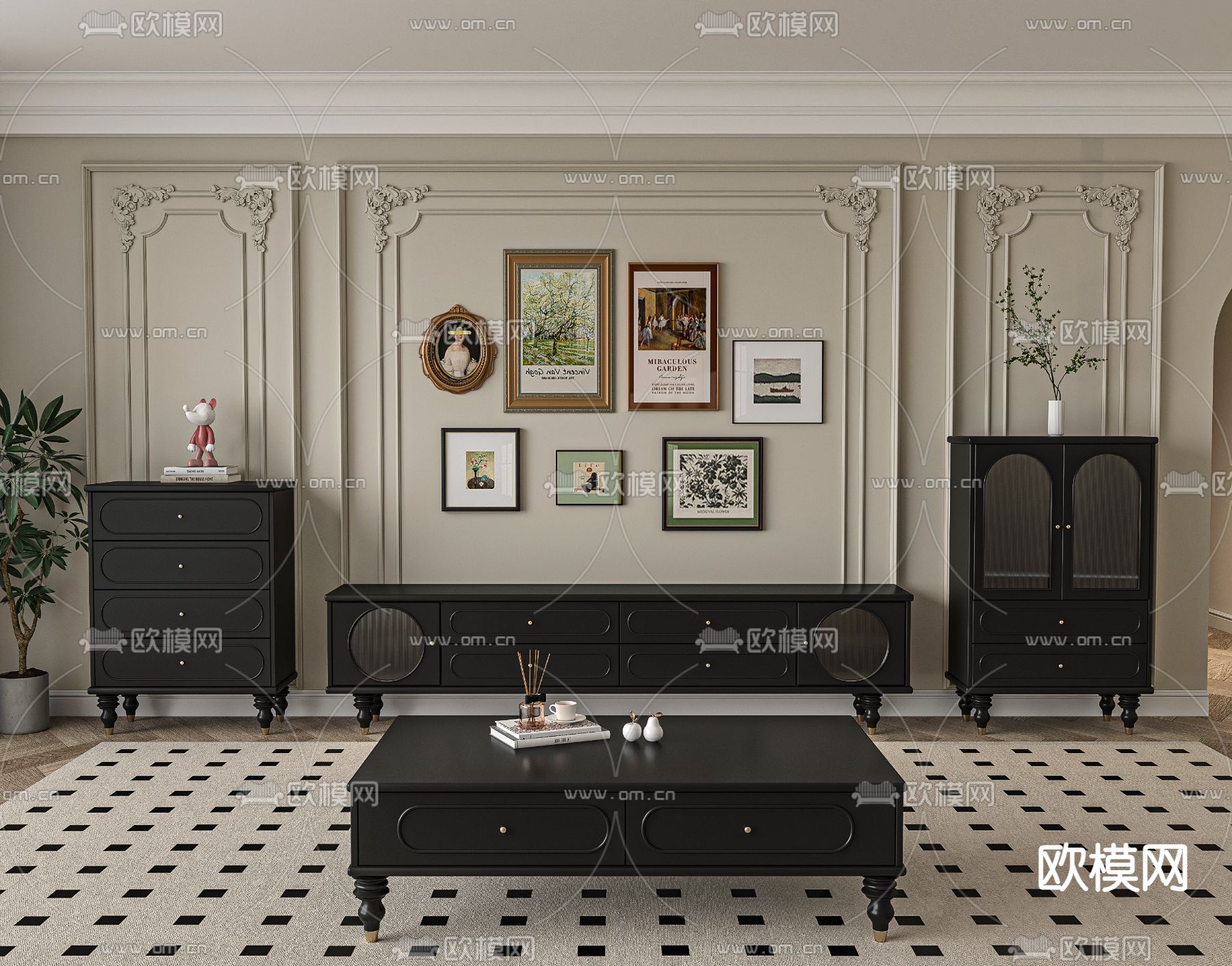 法式电视柜 边柜3d模型下载