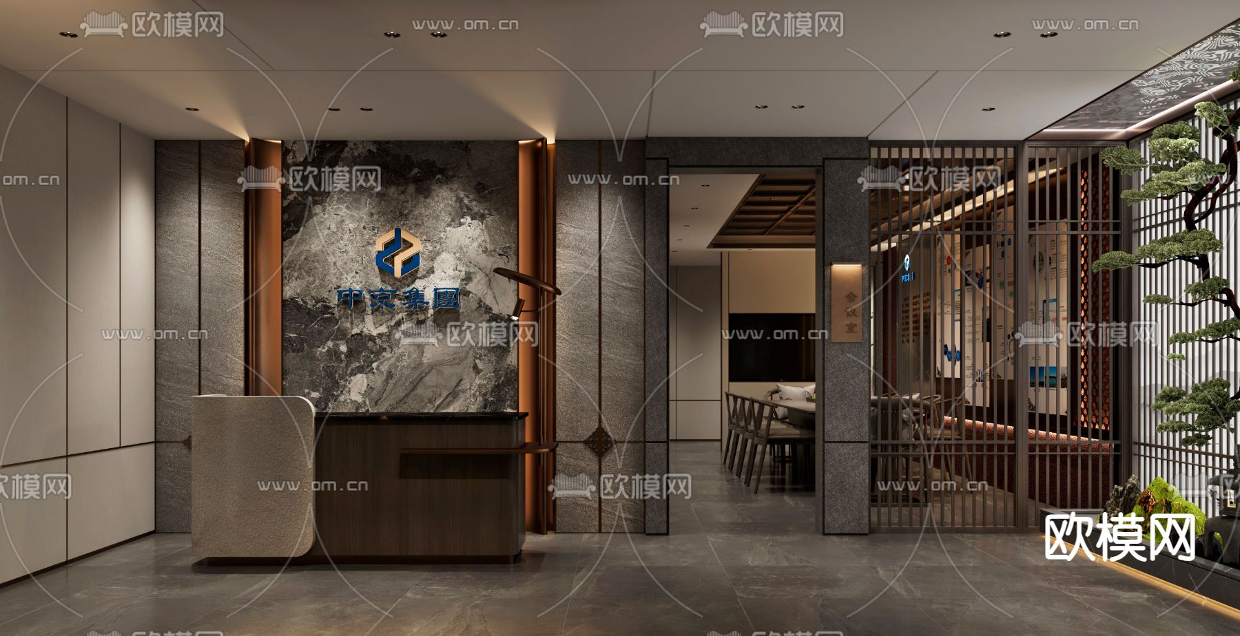 新中式前台 接待台3d模型下载（渲染图1）