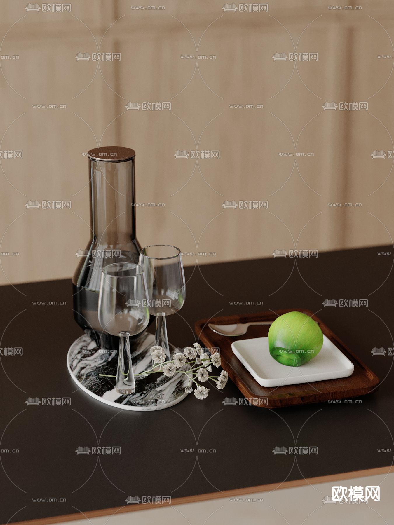 水杯 水瓶 酒杯 托盘 水果su模型下载（渲染图2）