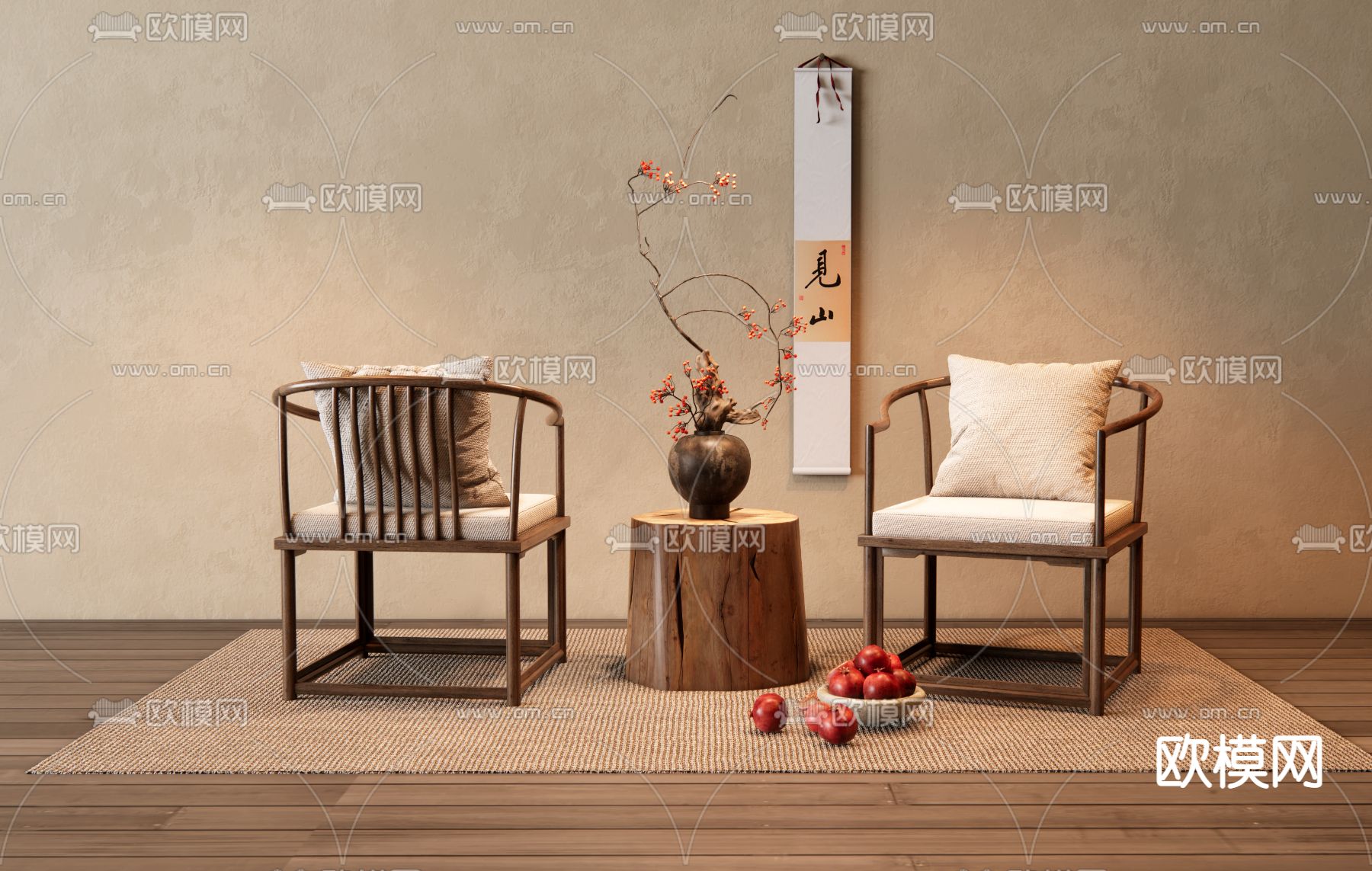 新中式休闲椅 茶椅 花瓶饰品摆件 装饰画 木墩3d模型下载