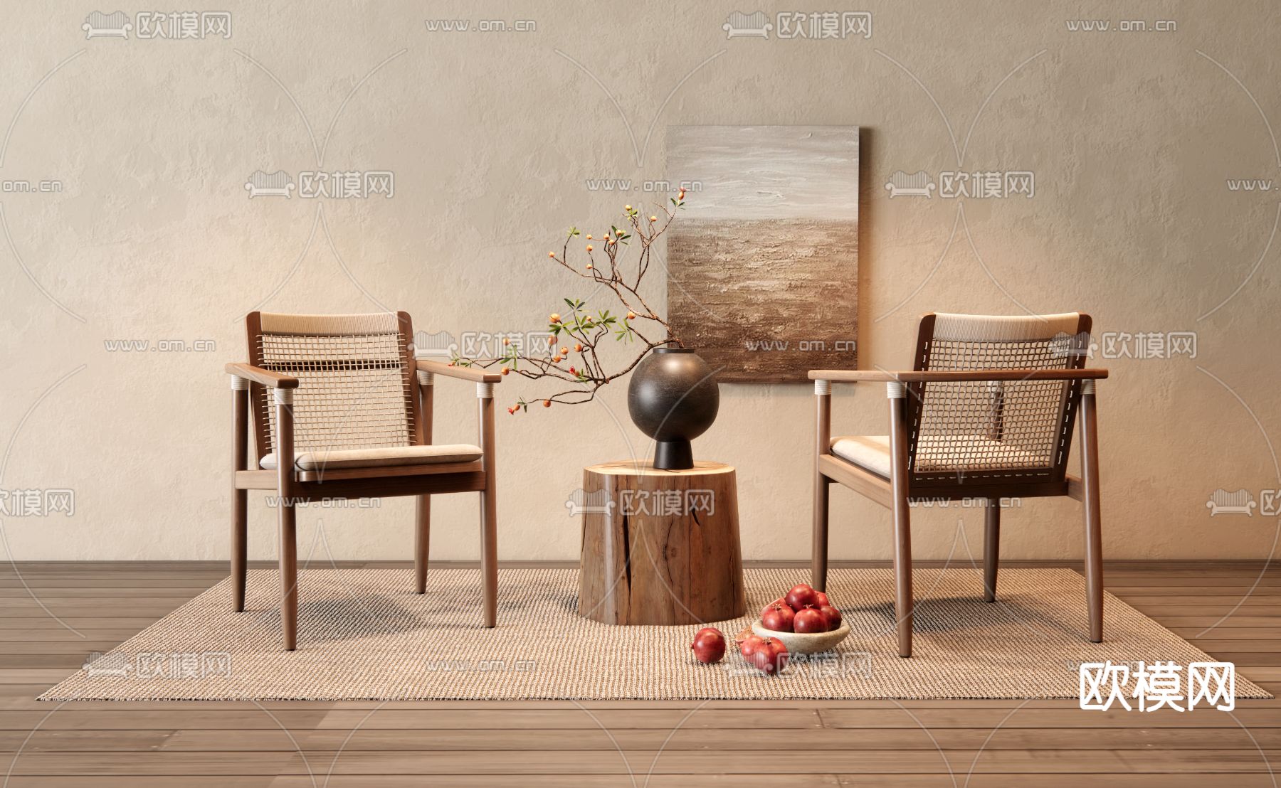 侘寂休闲椅 茶椅 花瓶饰品摆件 装饰画3d模型下载