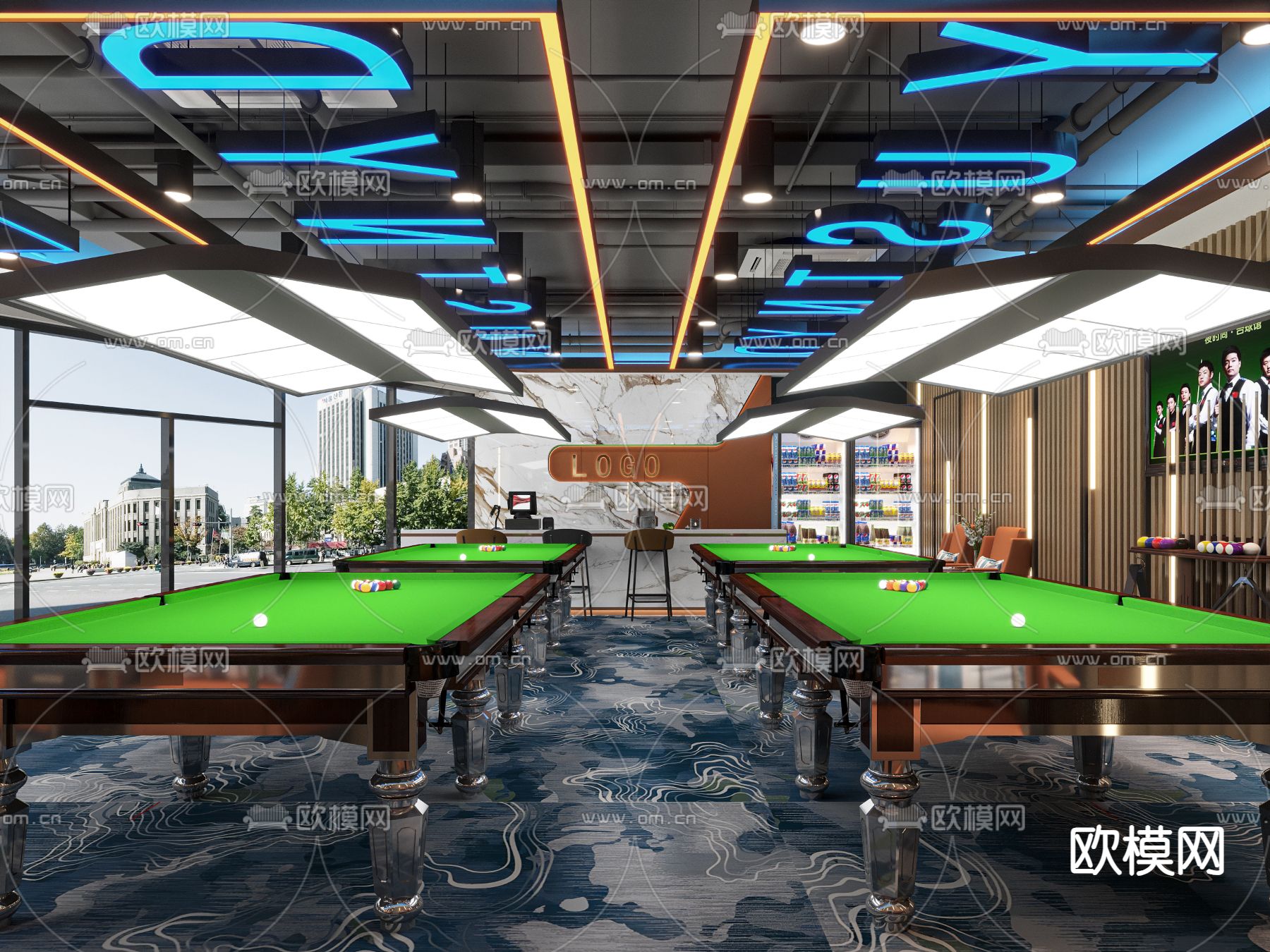 工业风台球室 台球厅3d模型下载（渲染图1）