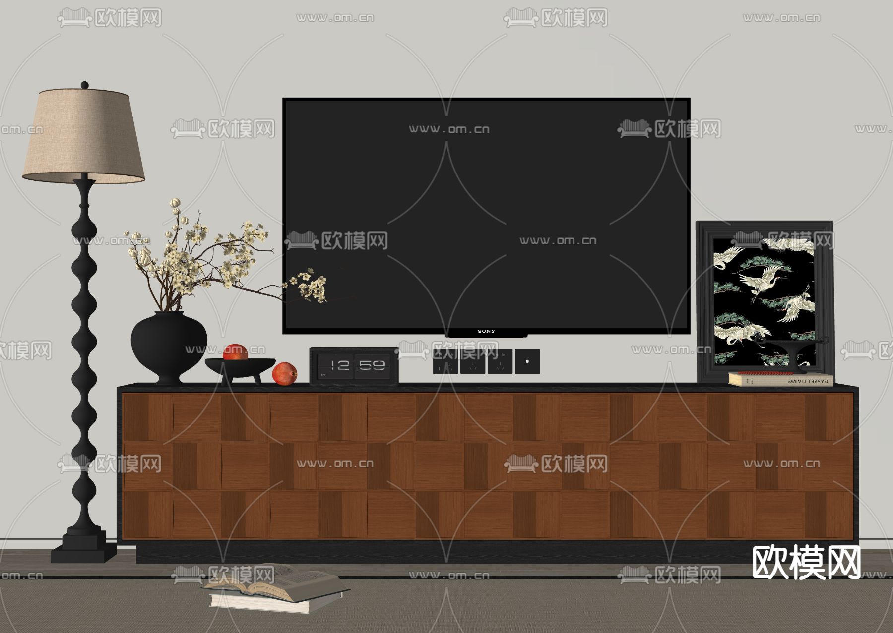 中古风电视柜su模型下载（渲染图1）