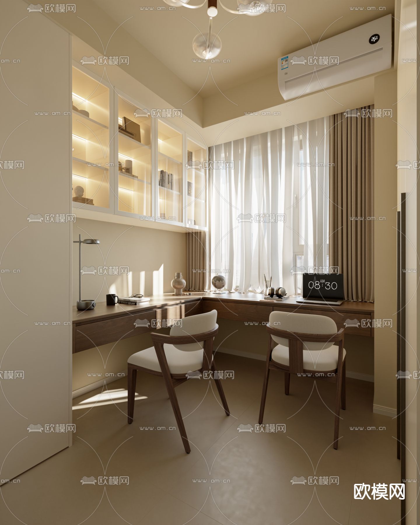 奶油风书房su模型下载